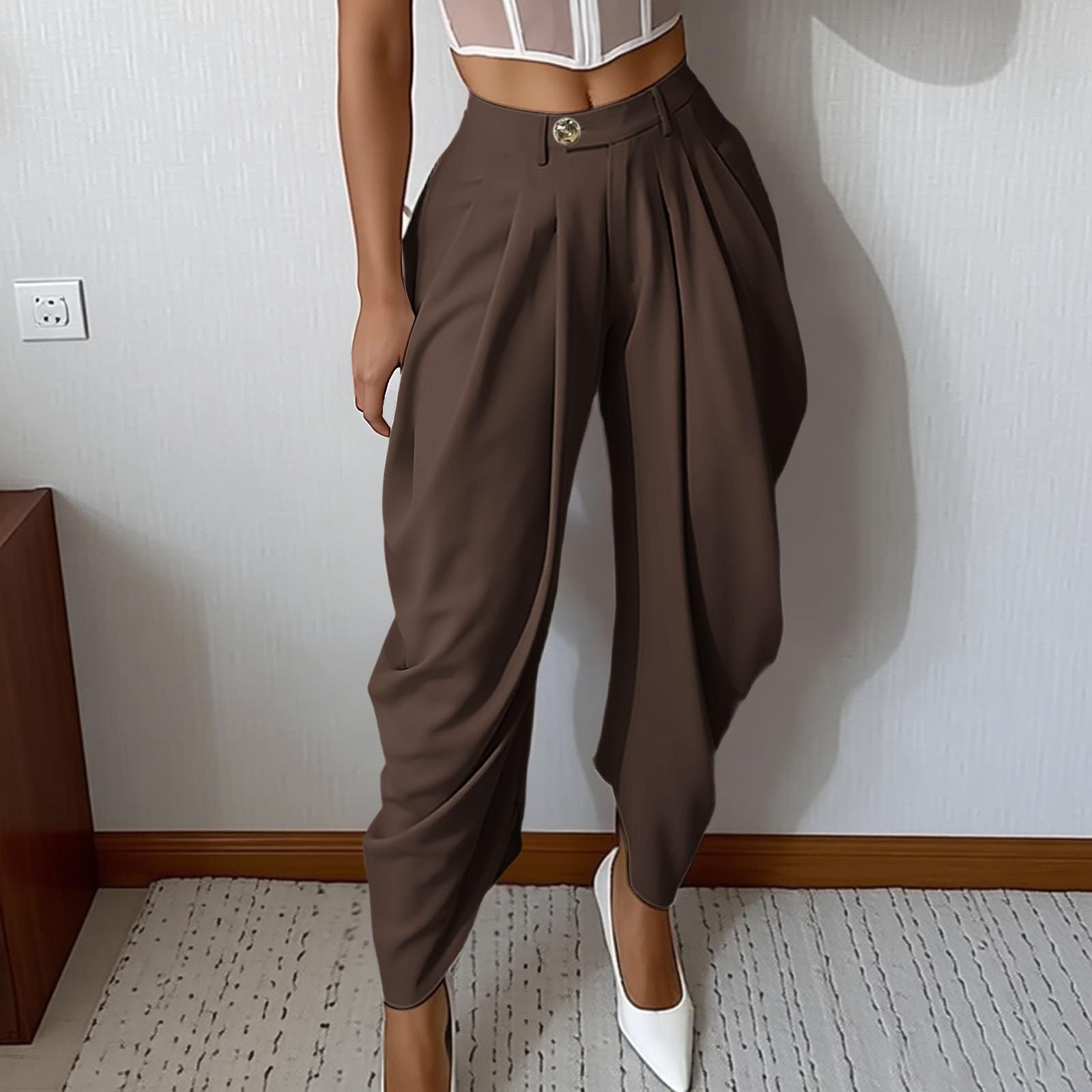 Pantalon Femme Taille Haute 7 8 Large Fluide Décontracté avec Coupe Bouffante Élégante Et Taille Confortable pour Ville Loisirs Été