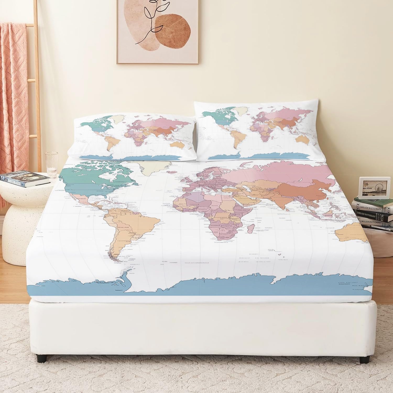 Drap Housse 180 x 240 cm Antidérapants Imprimé Draps Housse Carte du Monde Simple Microfibre brossée Doux Housse Matelas 30 cm Profond, Linge de lit Enfant Adulte Bleu Clair