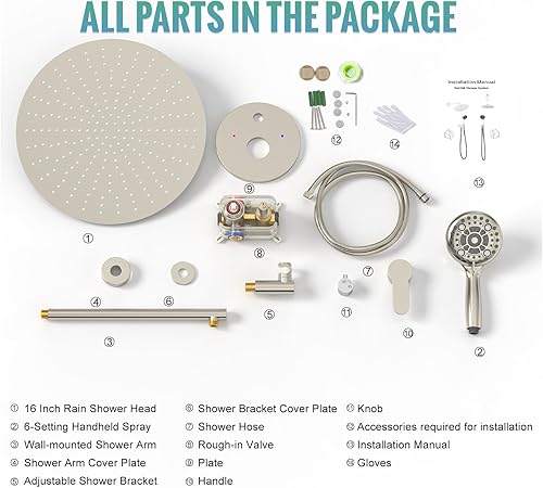 Miniatura 8 de SR SUN RISE Grifo de ducha  Sistema de cabezal de ducha multifuncional de alta presión de 16 pulgadas con accesorios de cabezal de ducha de mano