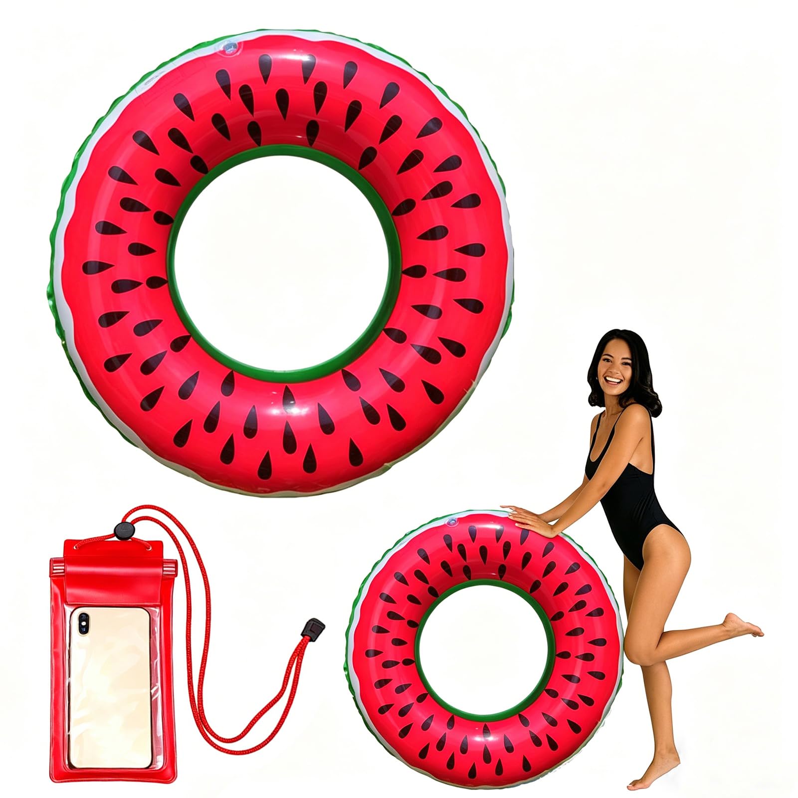 Swimming Rings, Inflatable Rubber Rings for Adults, Fruit Inflatable Pool Ring, Pool Float with Waterproof Phone Pouch for Summer Beach Pool Party (Red, 75 cm)