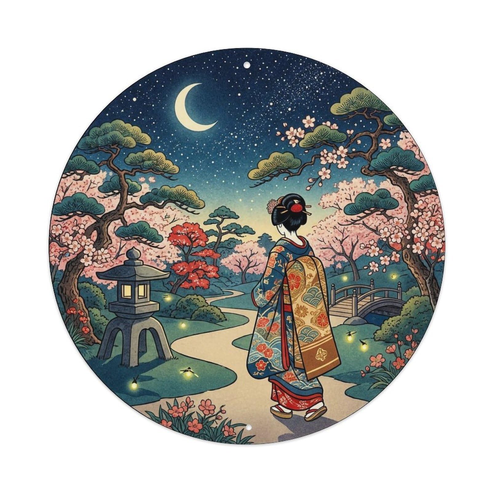 Japanese Crescent Moon Garden Geisha Night Metal Tin Sign