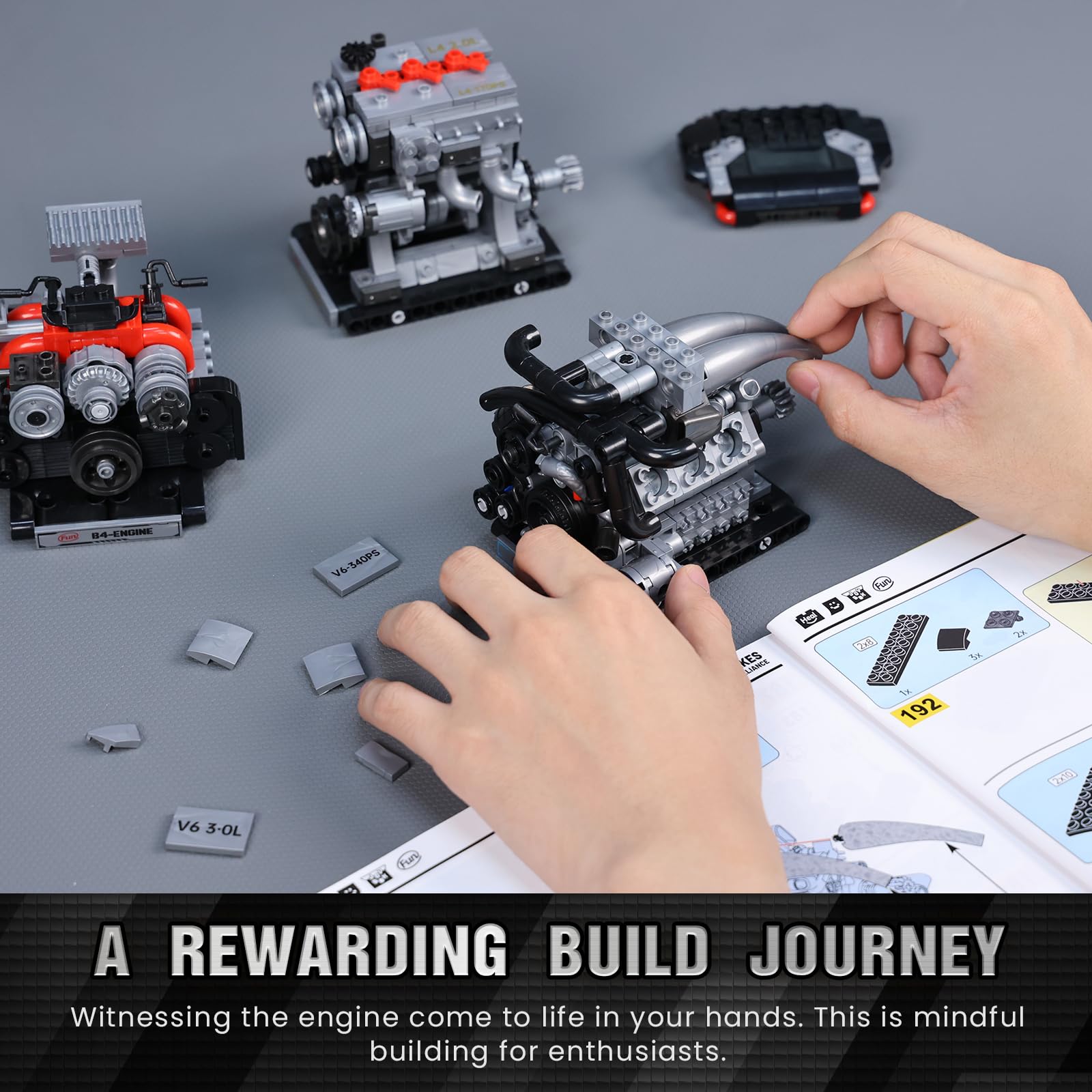 JMBricklayer Blocco da Costruzione Mini Motore 3-in-1 per Adulti da Costruire, Motore Modello V6 B4 L4 che Funziona, Giocattolo Meccanico in Mattoncini STEM, Decorazione per Ufficio e Casa, Regali