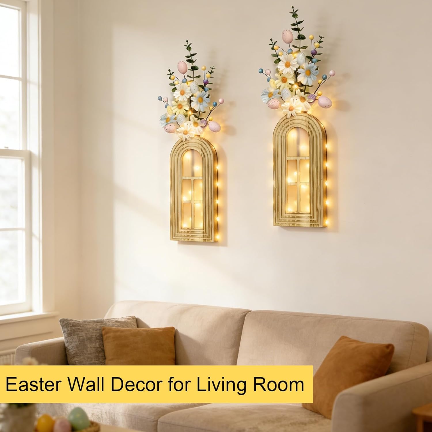 HOMECOR Easter Wall Decor Set of 2 - Boho & Modern Farmhouse Hanging Wooden Vase with Fairy Lights & Artificial Plants, Spring Wall Art for Living Room, Bedroom, Bathroom, Easter Home Decor Gift
