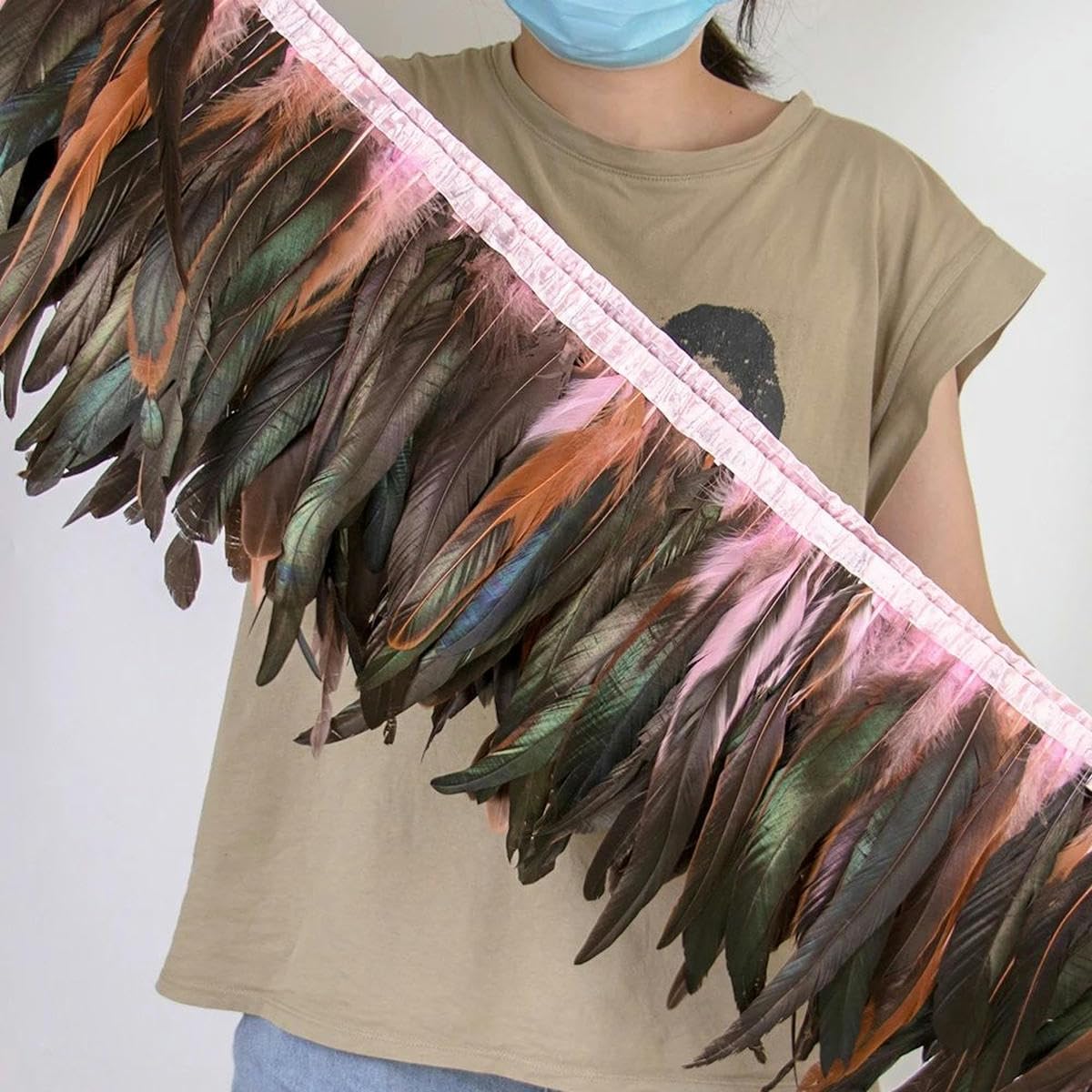2 Meter Hahn-Hühnerfedern-Besatz für Heimwerker, Karnevalsdeko, lang, farbig, Hochzeitskleid-Deko, Kleidungszubehör, goldfarben, 25–30 cm