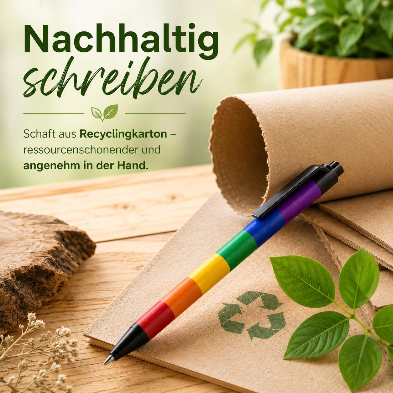 WPRO Regenbogen Kugelschreiber 100er Set aus Recyclingkarton mit Clip blau | Ideal für den täglichen Gebrauch mit nachhaltiger Materialwahl und angenehmer Handhabung bei jeder Schreibaufgabe.