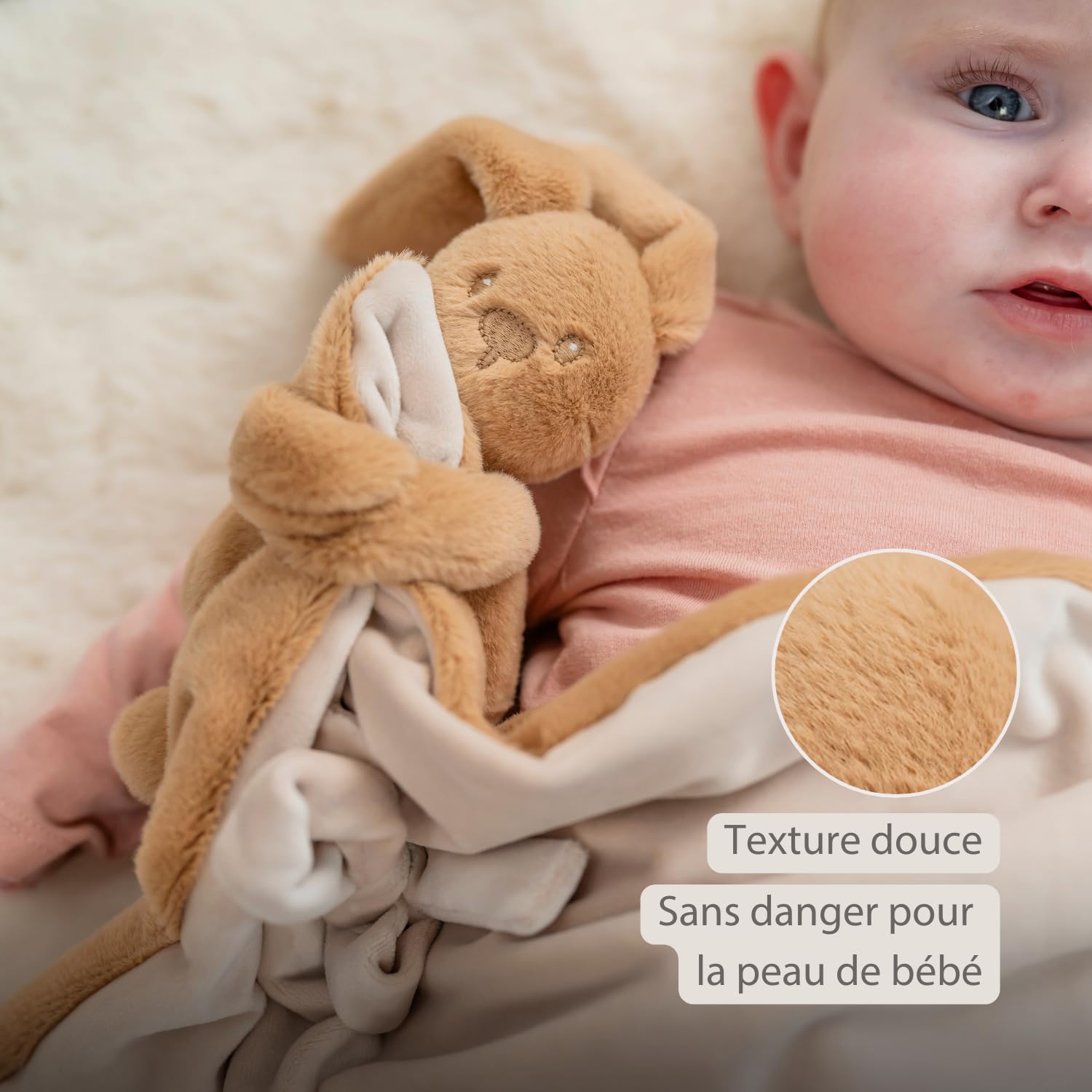Nattou Lapidou Doudou Couverture 50 x 50cm - Couverture Bebe - Couverture Doudou Lapin - Cadeau Naissance Fille et garçon- Couleur Beige Chaud
