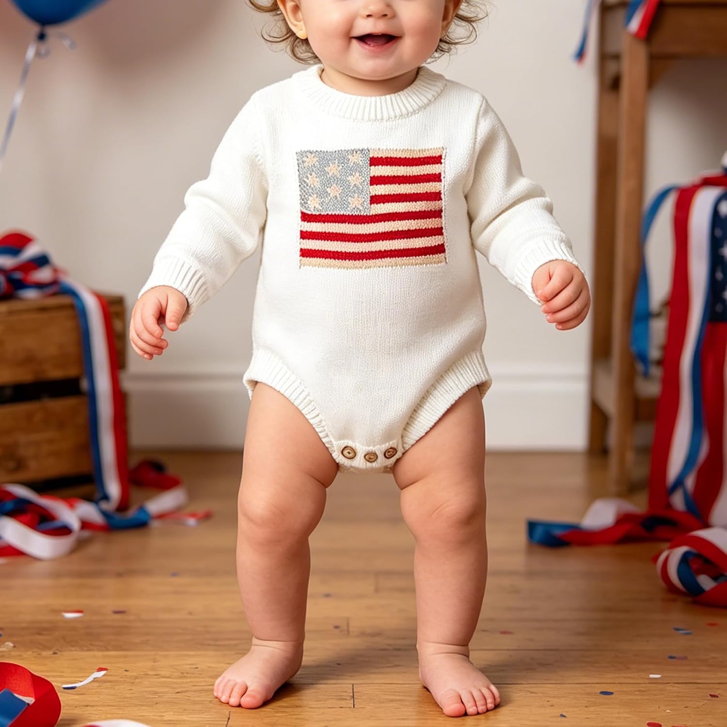 Newborn Baby Boy Girl 4th of July Outfit American Flag Long Sleeve Knit Sweater Bubble Romper Patriotic Clothes