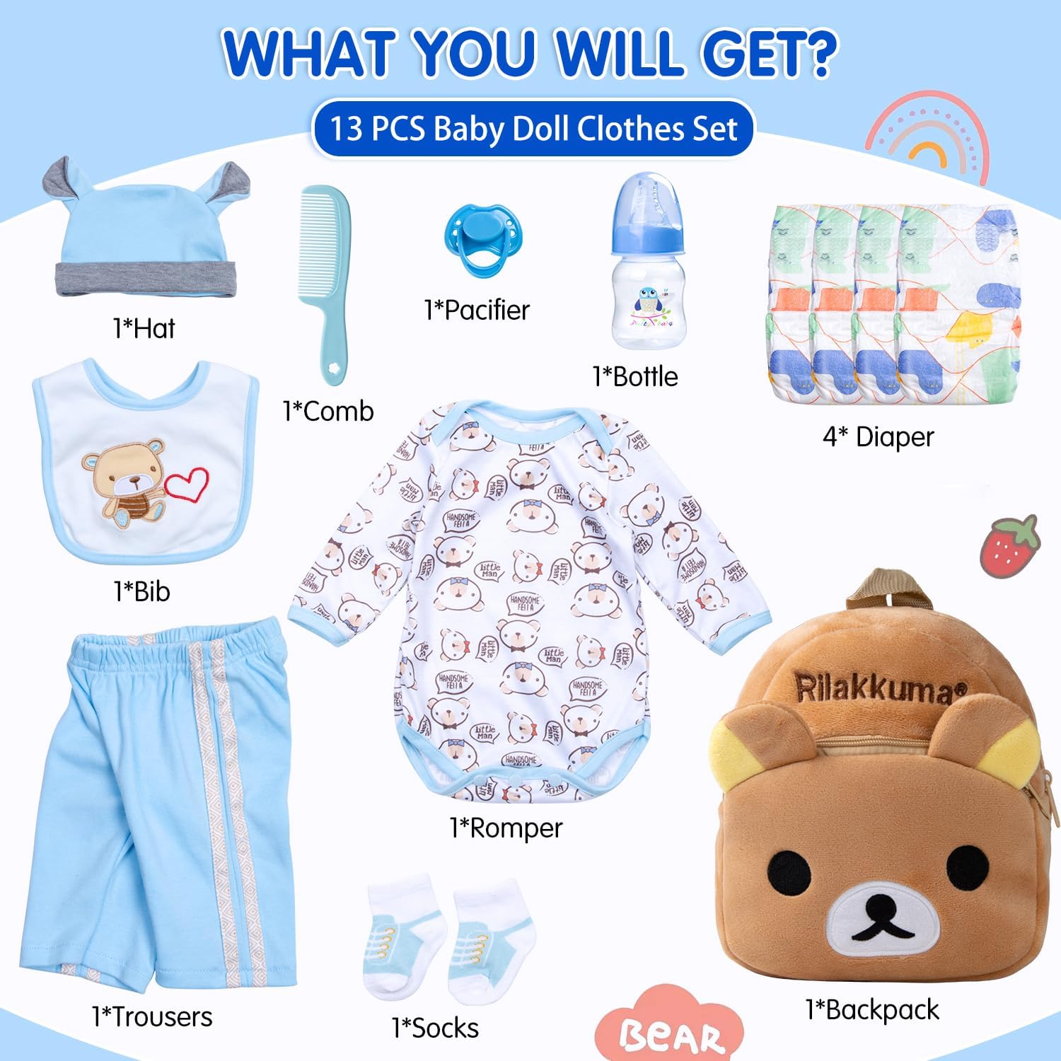 13-Piece Reborn Baby Doll Clothes 17-22 Inch Blue Bear Babydoll Boy Clothes and Accessories Set Newborn Baby Doll Outfit with Backpack Diapers and Feeding Stuffs