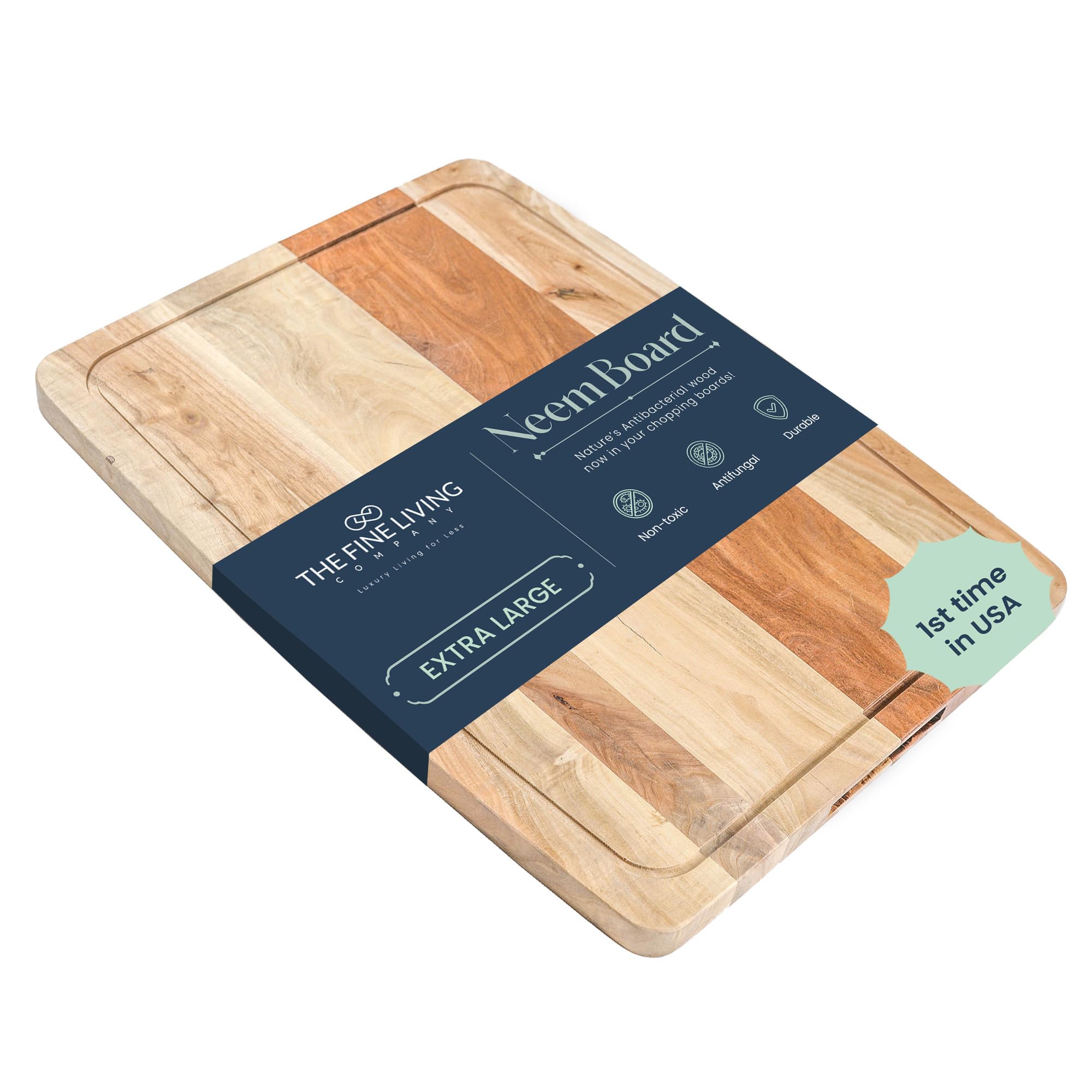 The Fine Living Co. Neem Wood Chopping Board, Rectangle Wooden Cutting Board, 1" Thick Chopping Board with Juice Grooves, Non-slip Carving Board for Kitchen Countertop, Natural, 20”x15”