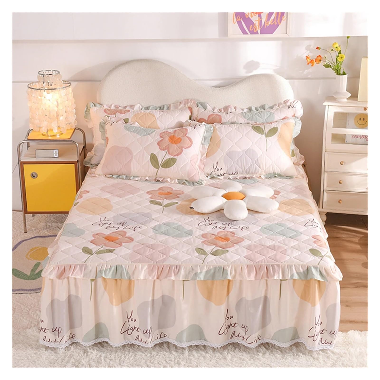 Falda de cama estampada de algodón 100% y tamaño King con volantes elegantes