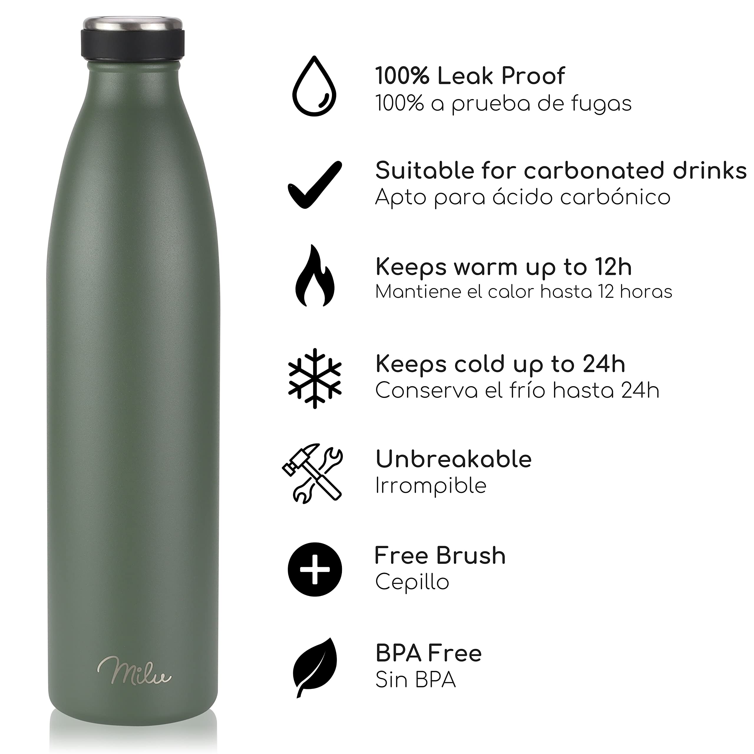 Milu Botella de acero inoxidable de 350ml 500ml 750 ml 1 L 1,5 L botella de agua aislada, termo a prueba de fugas, doble pared, apta para ácido carbónico + cepillo de limpieza (Verde oliva, 1,5 L) - 3
