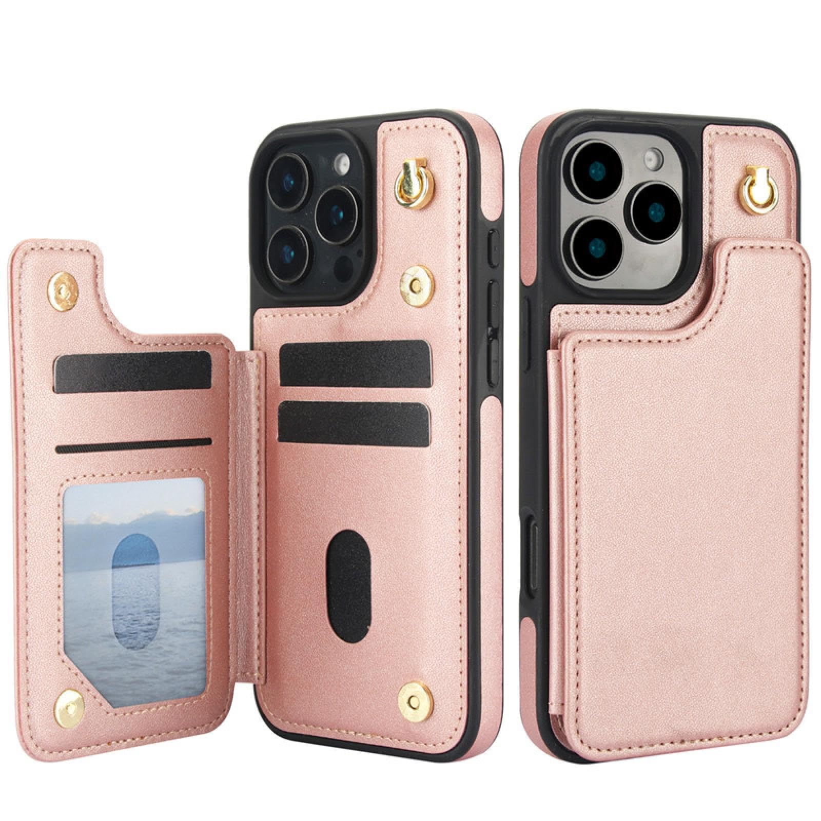 Für iPhone 15 Plus Langes Lanyard Leder Brieftasche Karten Handyhülle Crossbody Flip Cover (Für iPhone 15 Plus/Pink)