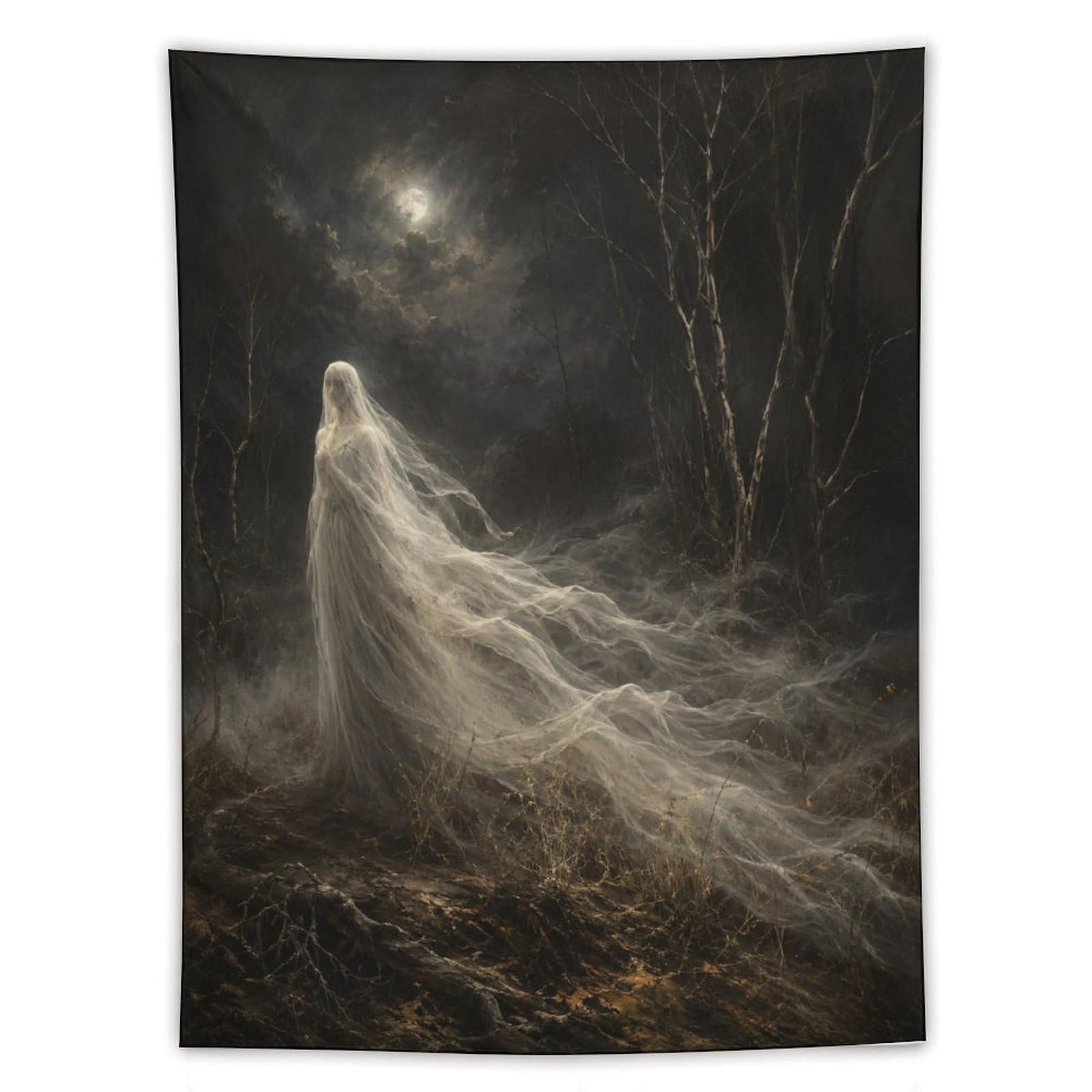 H3B8U2Y5 Moonlit Forest Ghost Wall Tapestry, Dark Fantasy Illustration