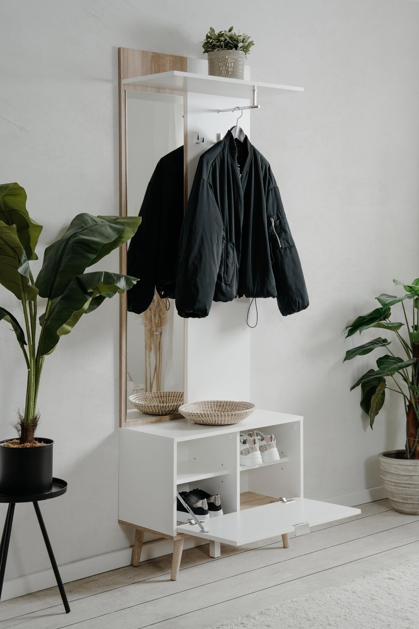 möbelando Kompaktgarderobe Göteborg – Garderobenschrank mit Spiegel, 195 cm hoch, Weiß/Sonoma Eiche – Platzsparend für Flur, Keller & Hauswirtschaftsraum