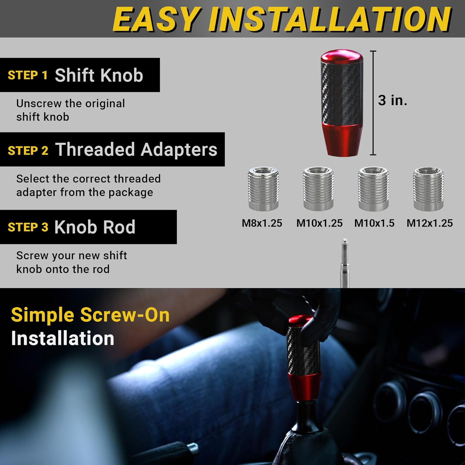 Premium Red Carbon Fiber Shift Knob - 4 Metal Threaded Adapters, 4 5 6 Speed Manual & Buttonless Automatic Transmission Cars, Weighted Gear Stick Shifter Knobs, (M8, M10x1.25/1.5, M12x1.25), JDM Style