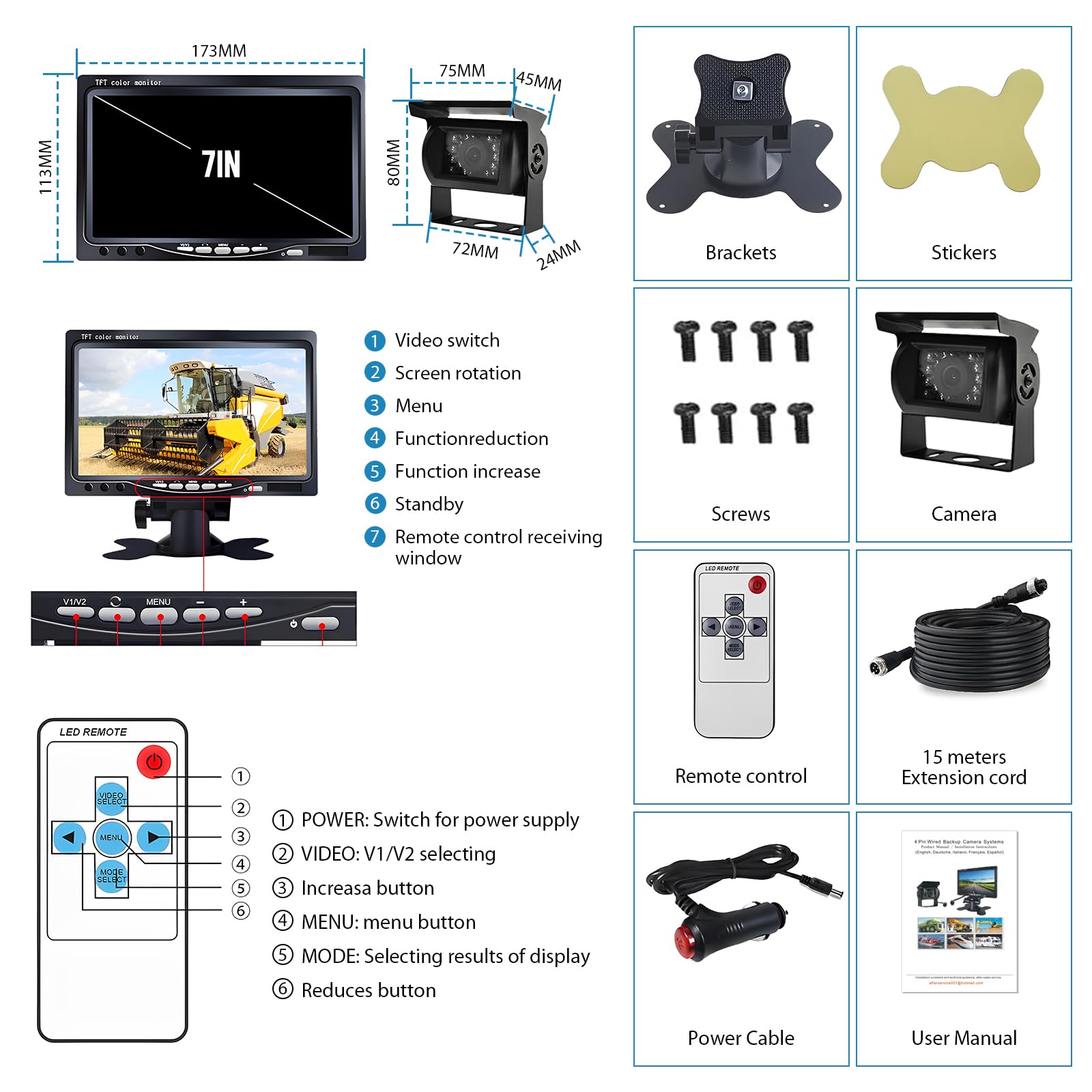Kit Caméra de Recul et Moniteur LCD 7 Pouces écran, Vision Nocturne | IR Caméra de Recul filaire étanche avec 18LED 12V-24V Caméra Filaire avec 15M Câble pour Camping Car, Camions, Remorques, Bus