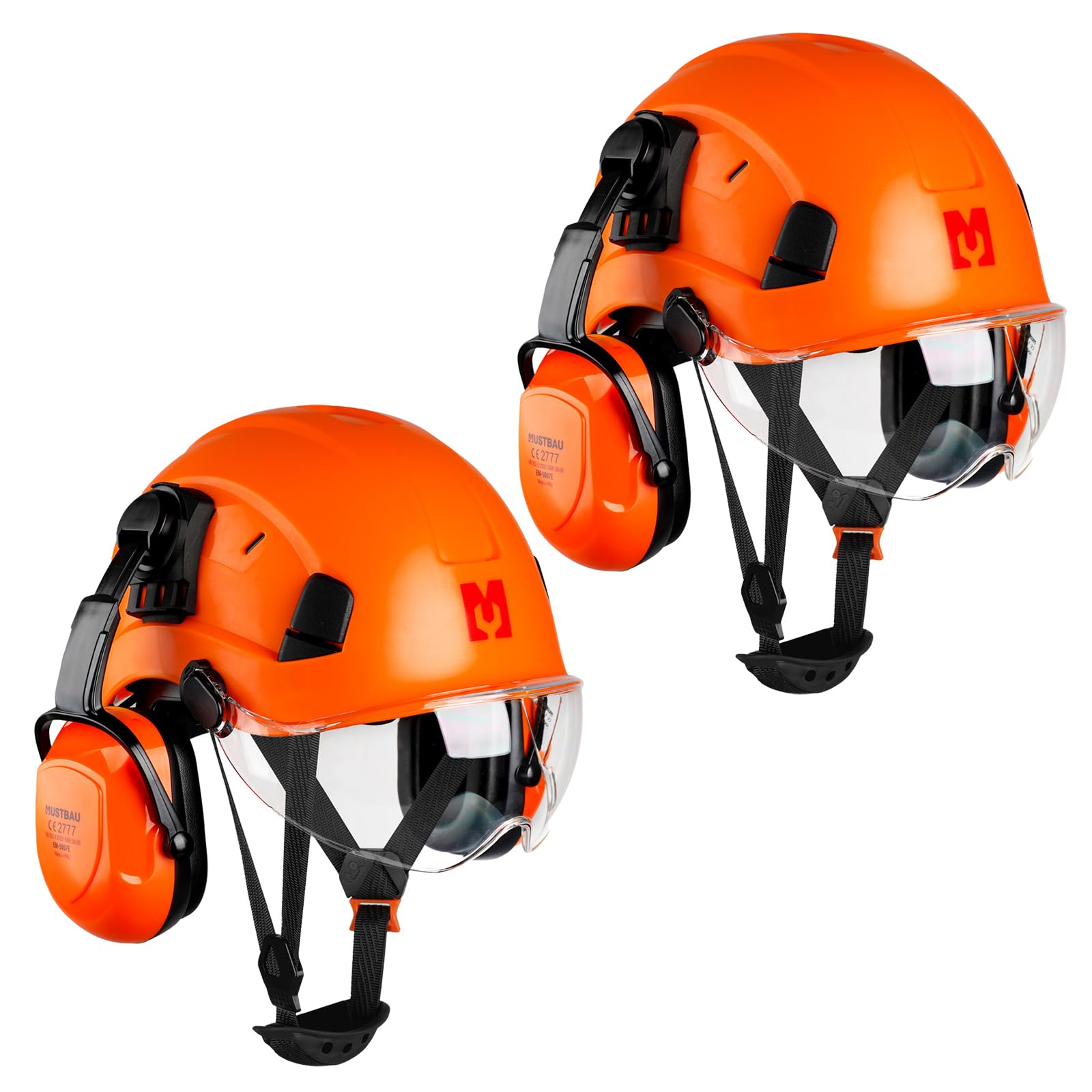 Mustbau Construction Hard Hats Ventilated Safety Helmet with Clear Visor,Hearing Protection,Earmuffs and Chin Strap,53 to 63 cm Adjustable Hard Hat for Forestry, Chainsaw, Industrial (Orange-2)
