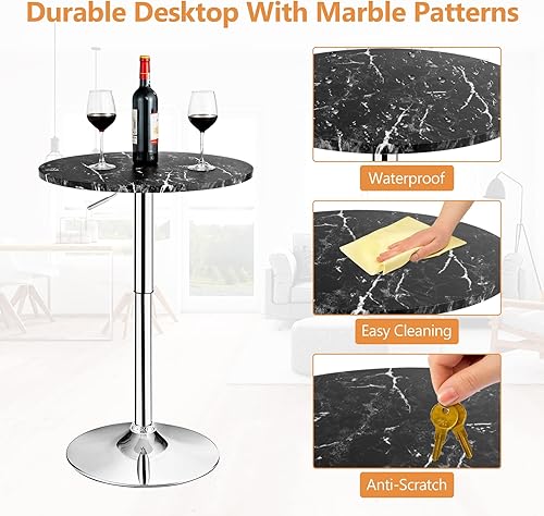 Miniatura 5 de Byroce - Mesa redonda de bar, mesa de cóctel de altura ajustable con parte superior giratoria de 360, patas y base plateadas, mesa alta de pub para