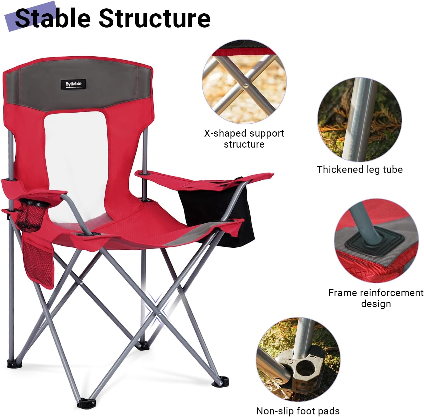 Camping Folding Chair Outdoor Lawn Portable Lightweight Camp Folding Chairs for Adult Outside with Cup Holder, Cooler Pouch & Side Pocket for Camping, Beach, Fishing, Sports or Tailgating Events, Red
