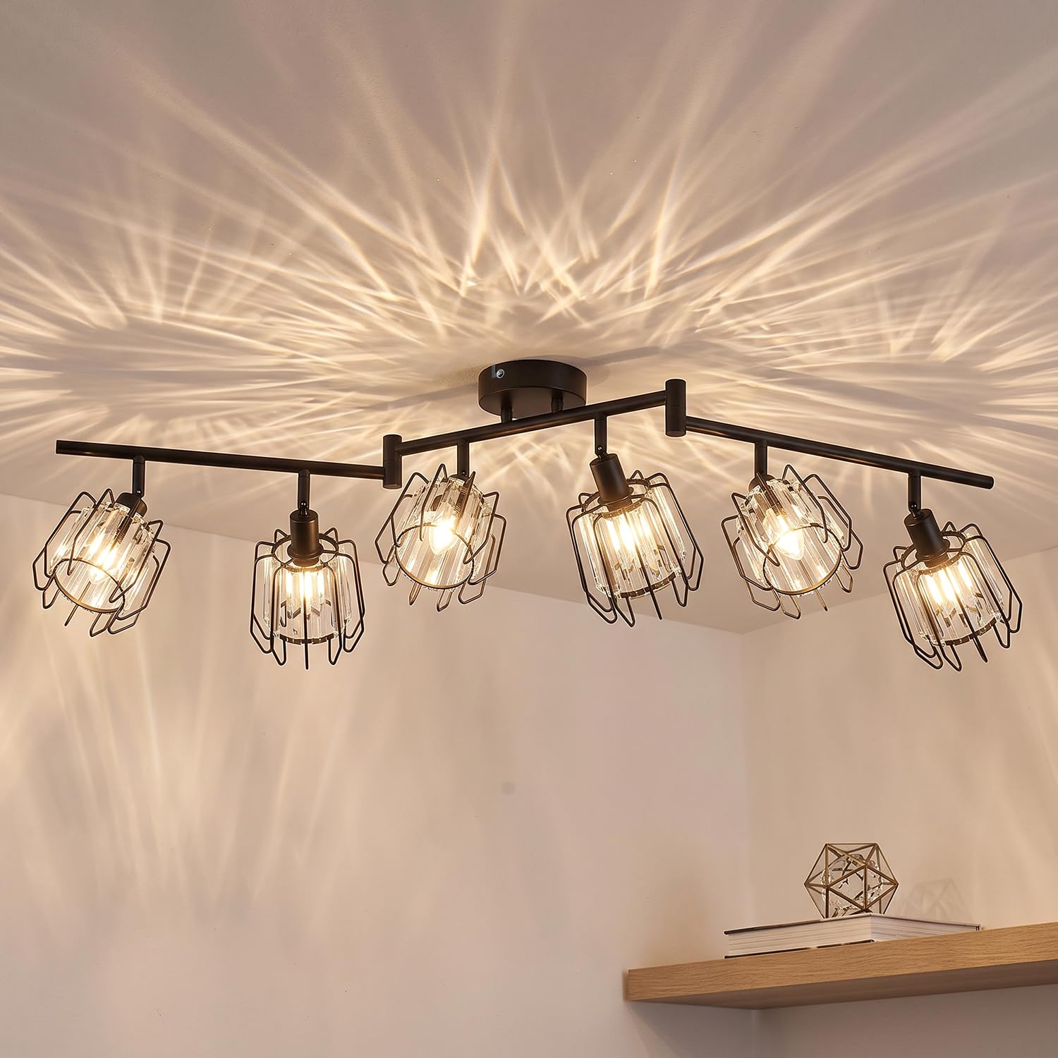 LVWIT Faretti da Soffitto Orientabili, Lampada Soffitto Cristallo 6 Luci, Faretti E14 Soffitto Cristallo, Plafoniera Soggiorno Faretto Nero per Barra, Salotto, Cucina, Corridoio (Senza Lampadina)