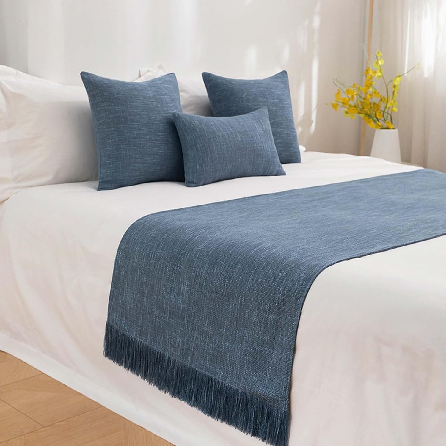 Hotel Bed Runner Protection Cotton Linen Solid Color King Size Bed Scarf Home Bed Scarves Bedspread Matching Cushion Cover Bedding End Towel with Tassel, Blue-50 * 260CM(2.0m Bed)