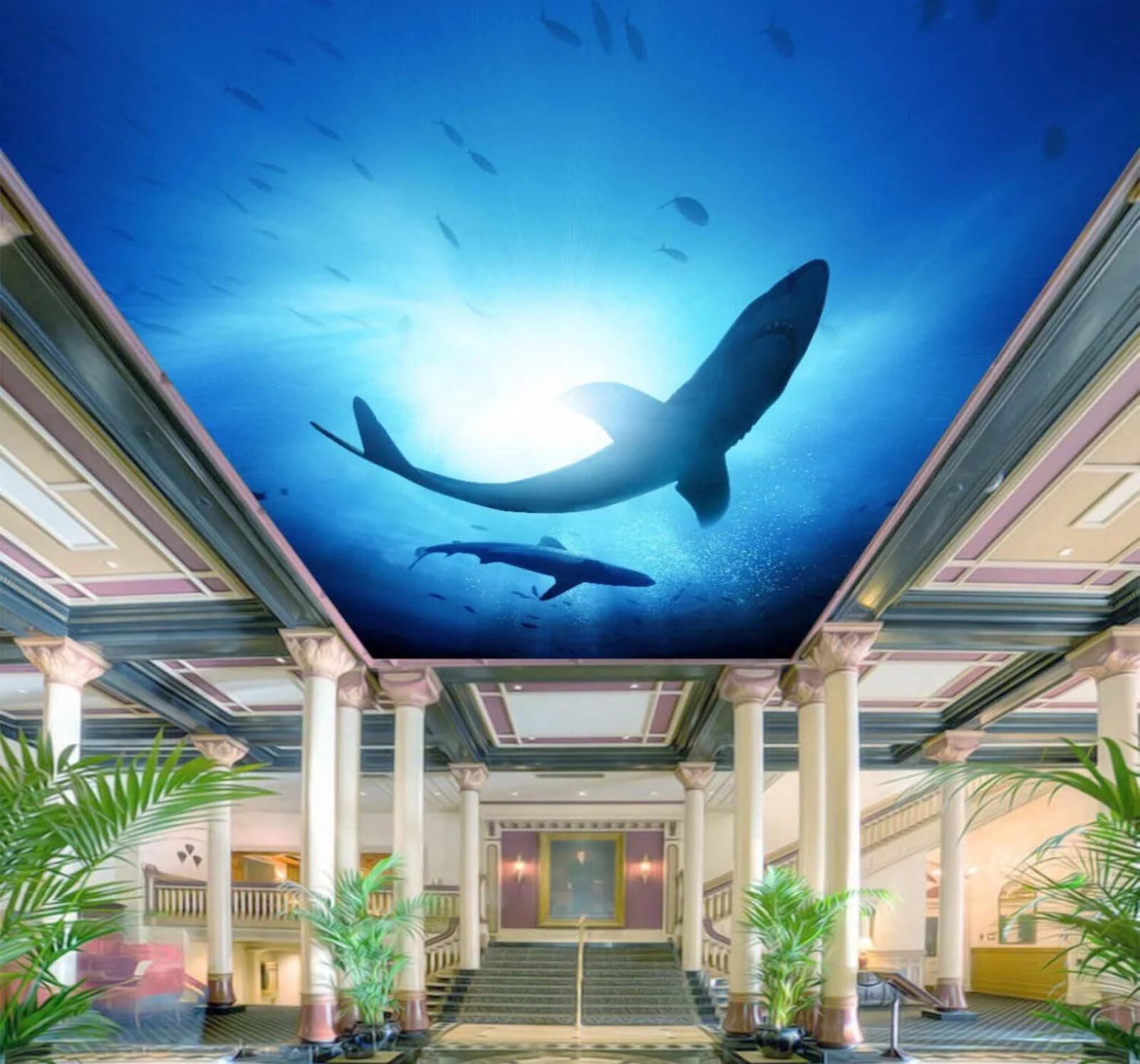 Wallpaper-3D-Xlm 250Cm×170Cm(B×H) Minimalist Fresh Blue Underwater World Shark 3D Wallpaper Easy Install Feature Office Living Room Sofa Bedroom Tv Background Wall Decoration-250Cm×170Cm