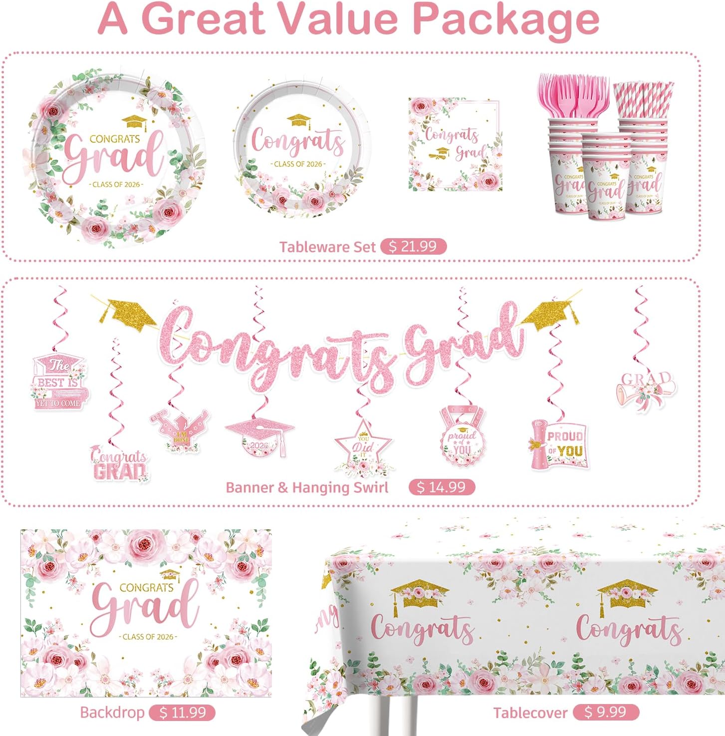 Xynic 186 Pcs Pink Graduation Decorations for Female Graduates, Disposable Paper Floral Graduation Decorations Include Congrats Grad Plates and Napkins Tablecloths Banner for Class of 2026