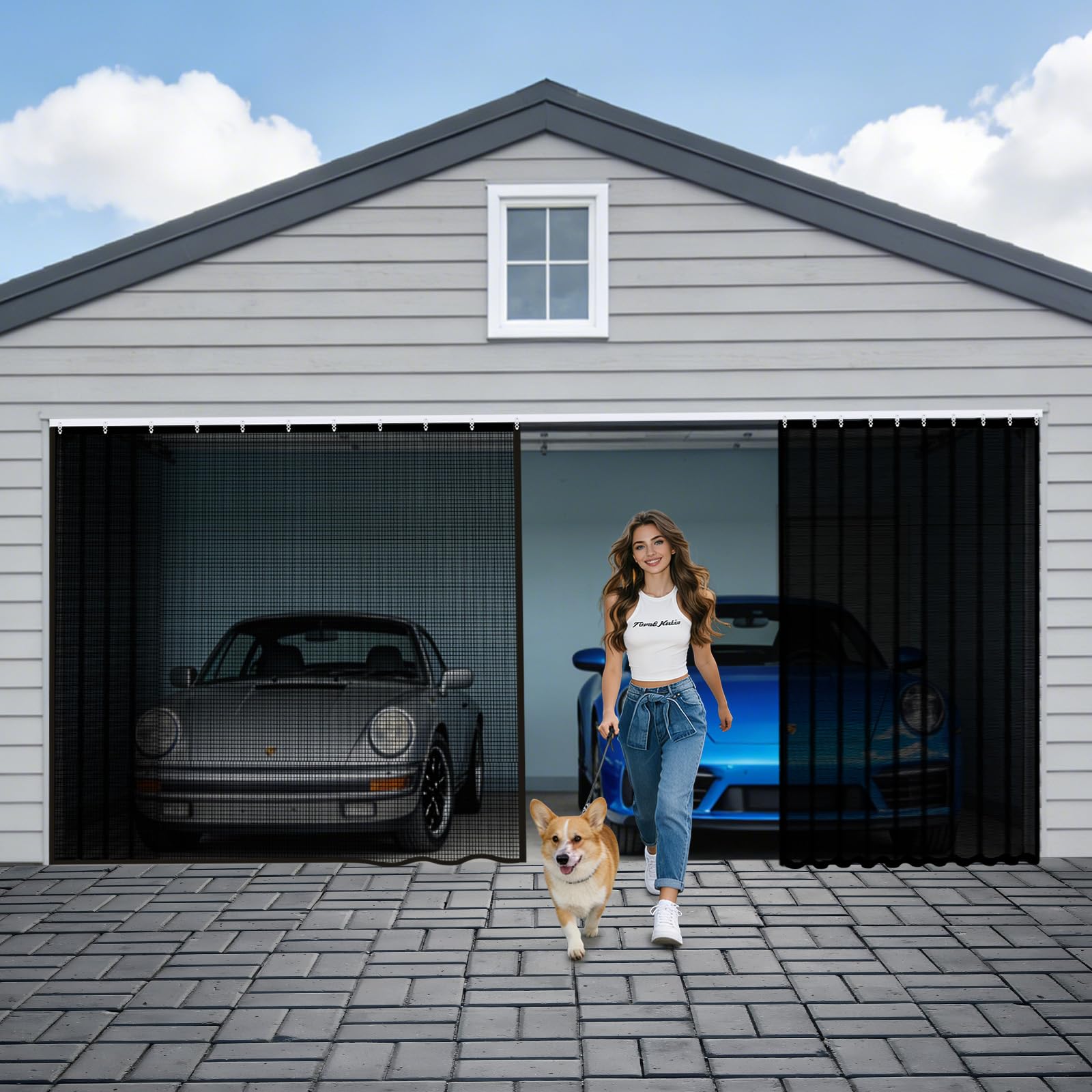 Photo 1 of Sliding Garage Door Screen 2 Car with Track Closure,16x7Ft Garage Door Retractable Privacy Curtain Keep Annoying Animals Out Easy Install Heavy Duty Fiberglass Mesh Net for 2 Car Garage B1