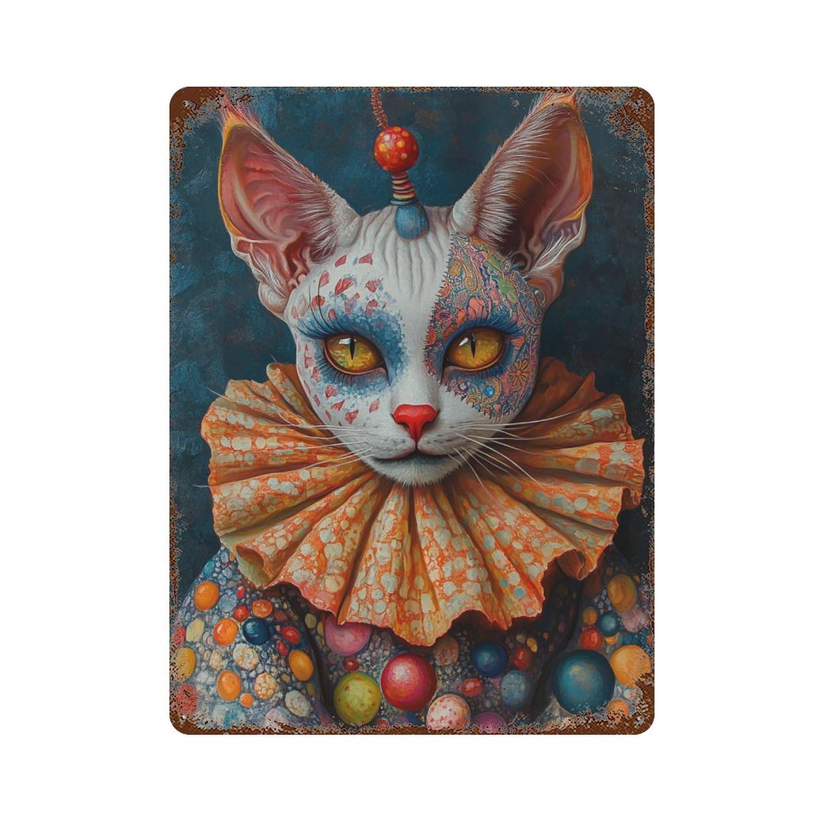 Colorful Fantasy Cat Artwork Weathered Tin Sign 15.7"x11.8", Classic Wall Plaque for Garage, Bar And Workshop Decor