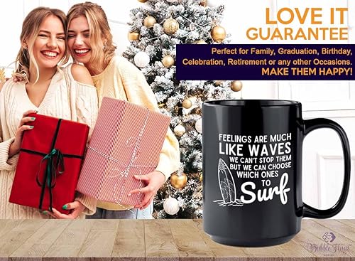 Miniatura 6 de Taza de café de surf de 15 onzas, color negro, sentimientos como olas, regalos para entusiastas del surf, deportes acuáticos, tabla de surf,