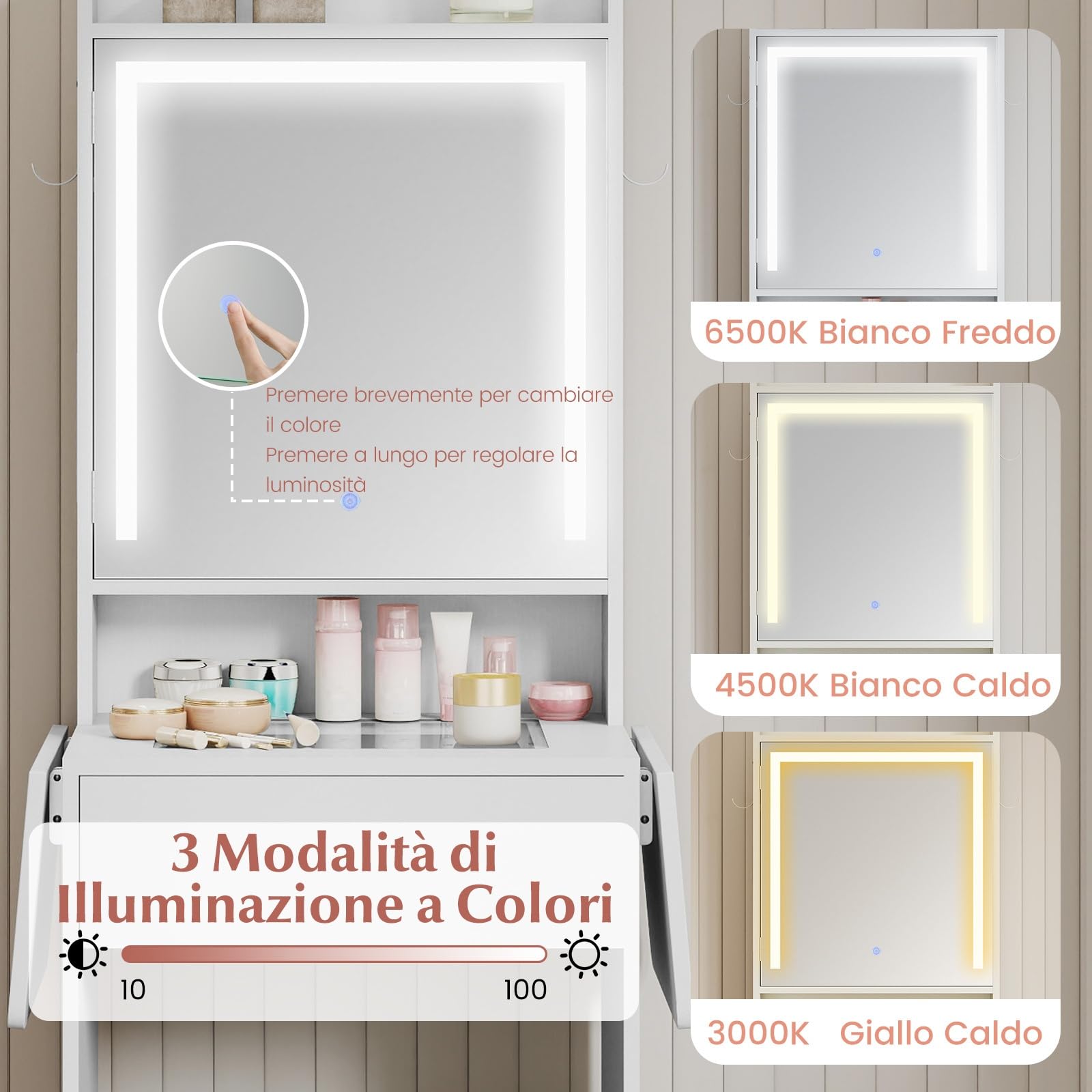 COSTWAY Toeletta Trucco con Luci LED, Tavolo da Trucco con Specchio e Stazione di Ricarica, Postazione Trucco con Cassetto, 2 Piani d'Appoggio a Ribalta, Bianco (Modello 3)