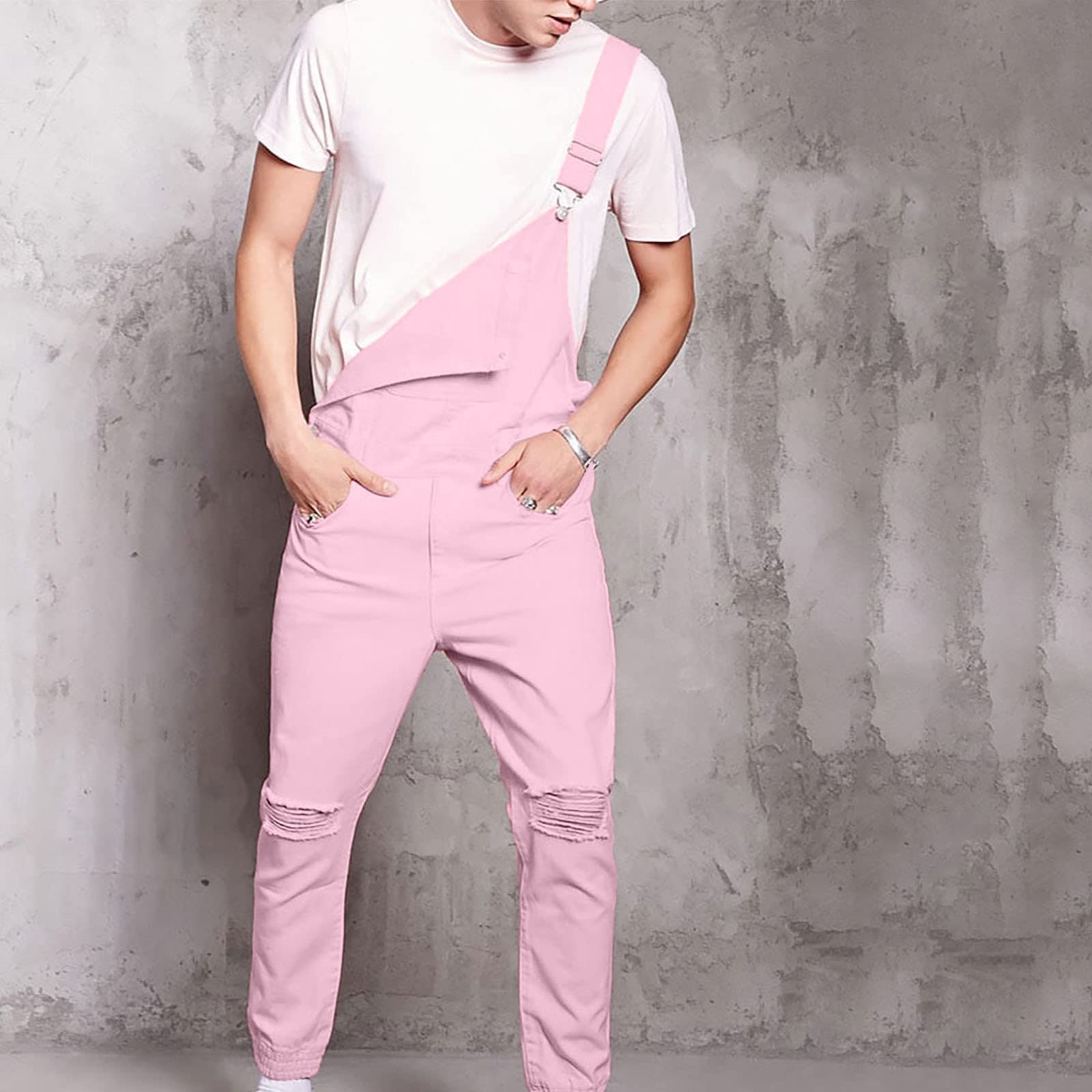2023 Salopette da Uomo in Denim Jeans Pantaloni Salopette da Lavoro Moda Jeans Strappati rosa Pagliaccetti Tute Larghi da Lavoro Cargo Pagliaccetti con tasche Casual Salopette Jumpsuit
