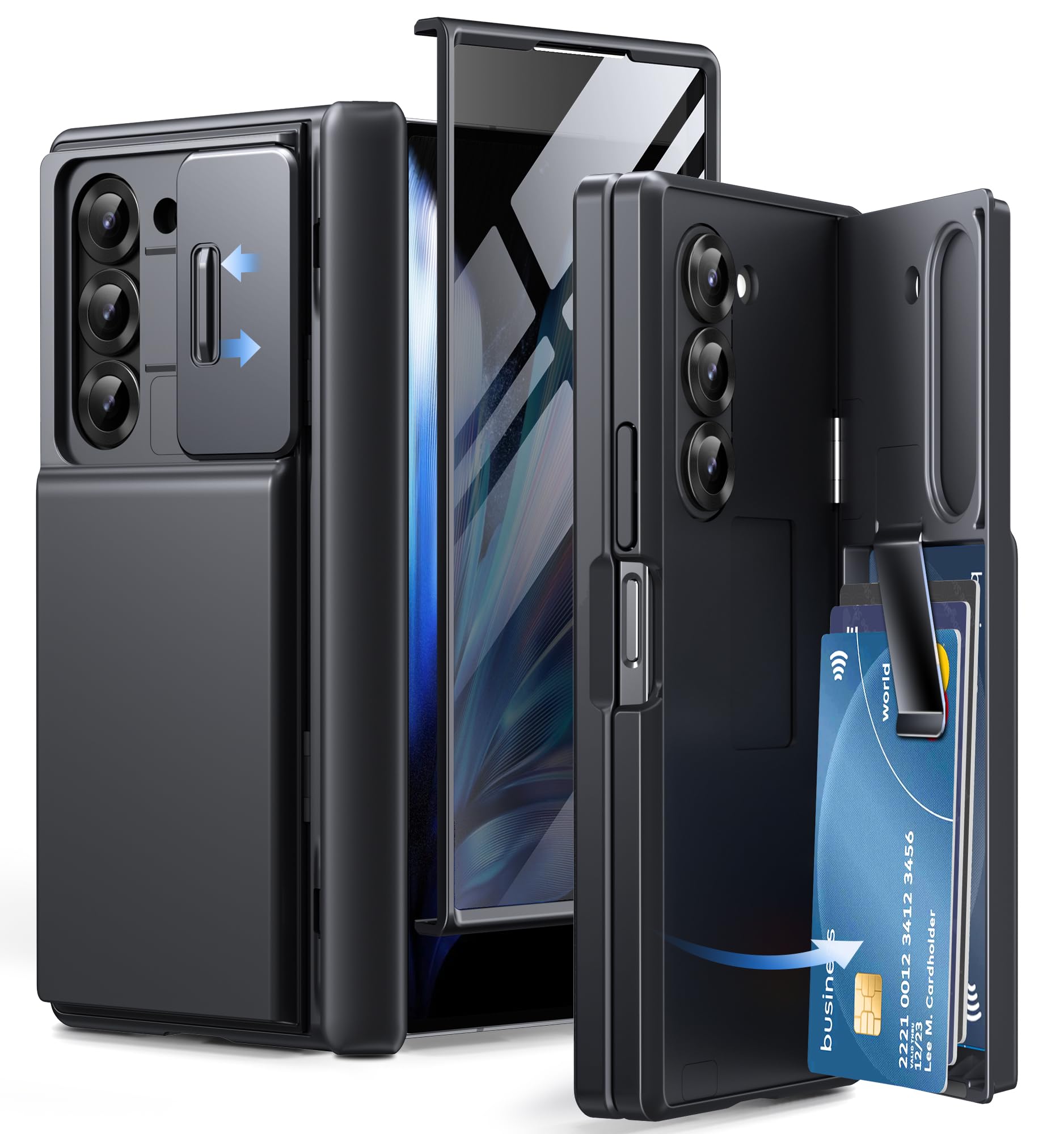 TONGATE Wallet for Z Fold 6 Case with Privacy Screen Protector, [Anti Spy][Card Holder] Built-in Kickstand & Camera Cover, Z6 Shockproof Phone Case for Samsung Galaxy Z Fold 6 (Black, No S Pen Slot)