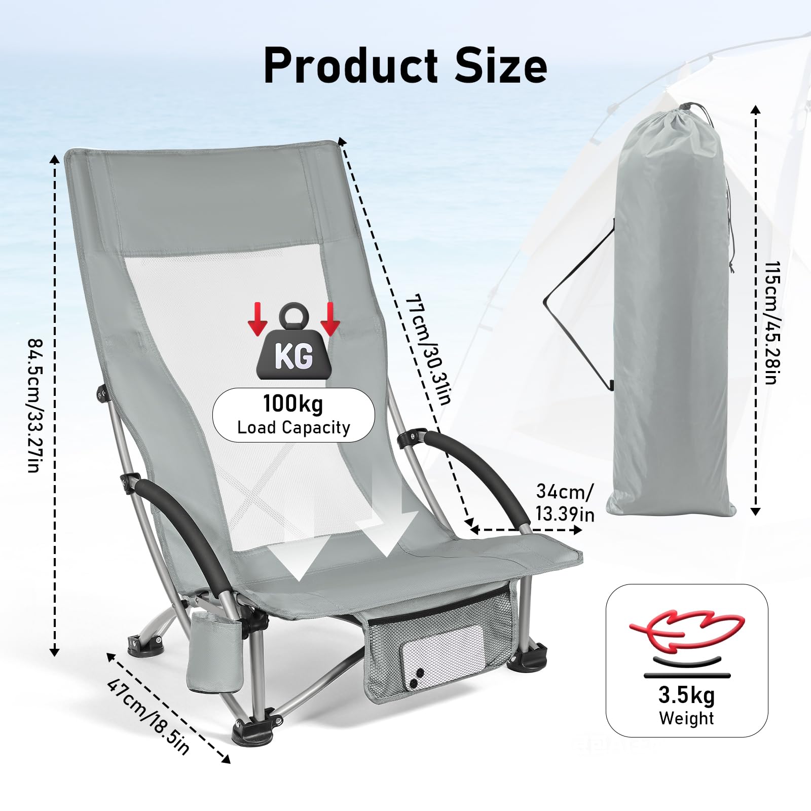 WildFun Silla de playa plegable, silla portátil de camping y pesca con respaldo alto, portavasos, soporta 180 kg para viajes, al aire libre, barbacoa, picnic, festival (2 unidades, gris)