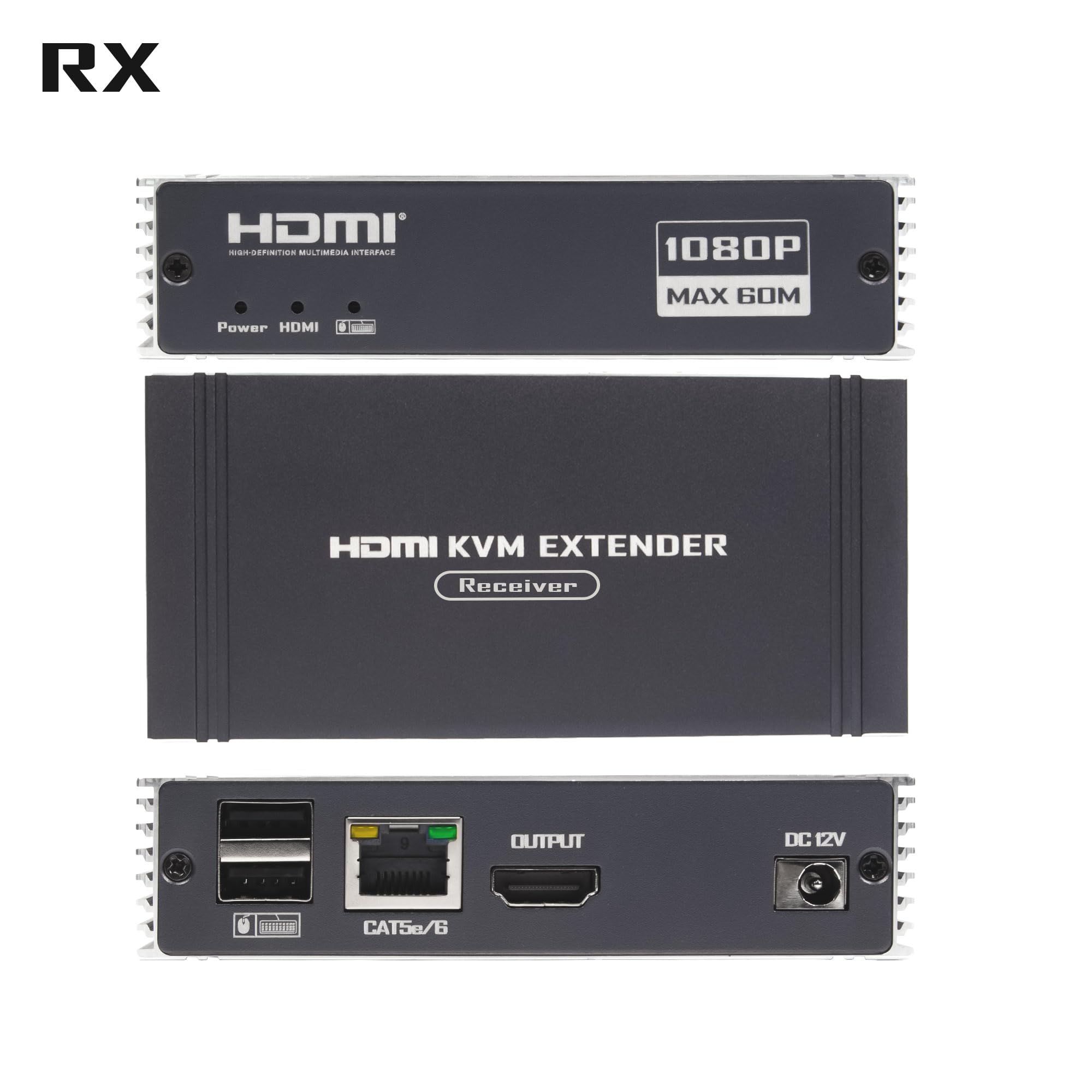 Extendeur KVM HDMI 60M, Extendeur HDMI avec contrôle KVM USB RJ45 60M sur Cat5e/Cat6 POC avec prise en charge de la boucle Clavier et souris USB pour PC