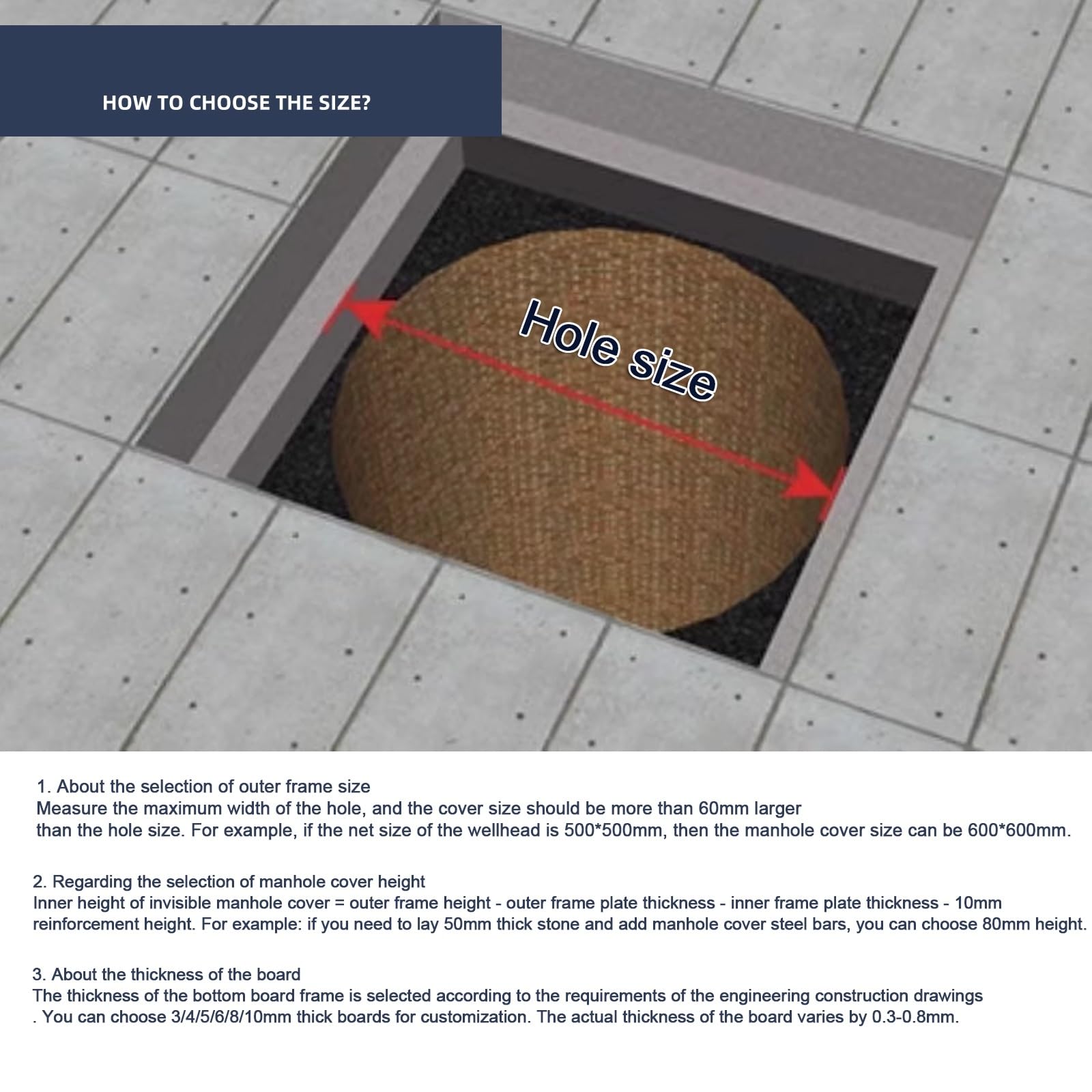 Copertura per pozzetti in acciaio inox, coperchio a scomparsa con cornice, con base, quadrato, per ispezione, invisibile, Copertura Pozzetto Coperchi Per Fosse Settiche(5cm,70 * 70cm/27.5 * 27.5in)