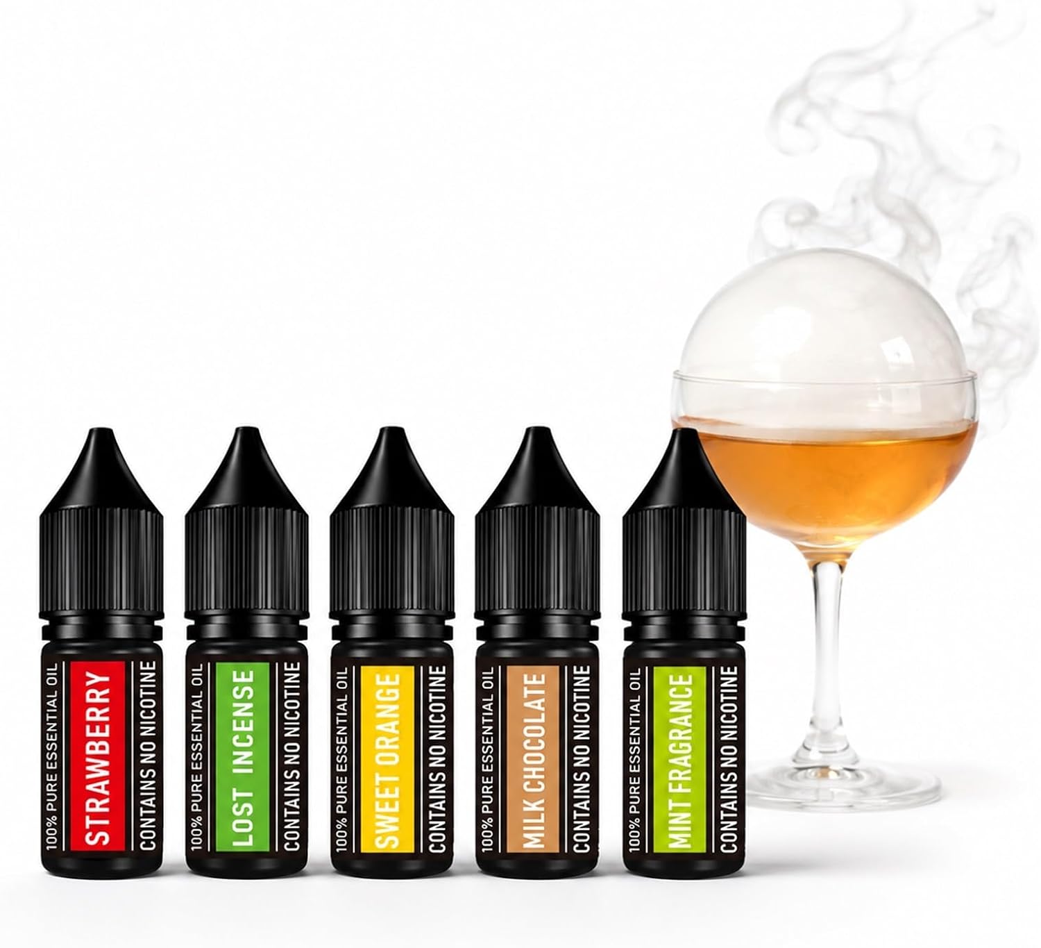 Akcesoria do Pistoletu do Baniek Koktajlowych, Olejki Aromatyczne 10ml, Zestaw 5 Smaków i Pojemników do Wędzenia Drinków, Profesjonalna Miksologia do Domowego Baru