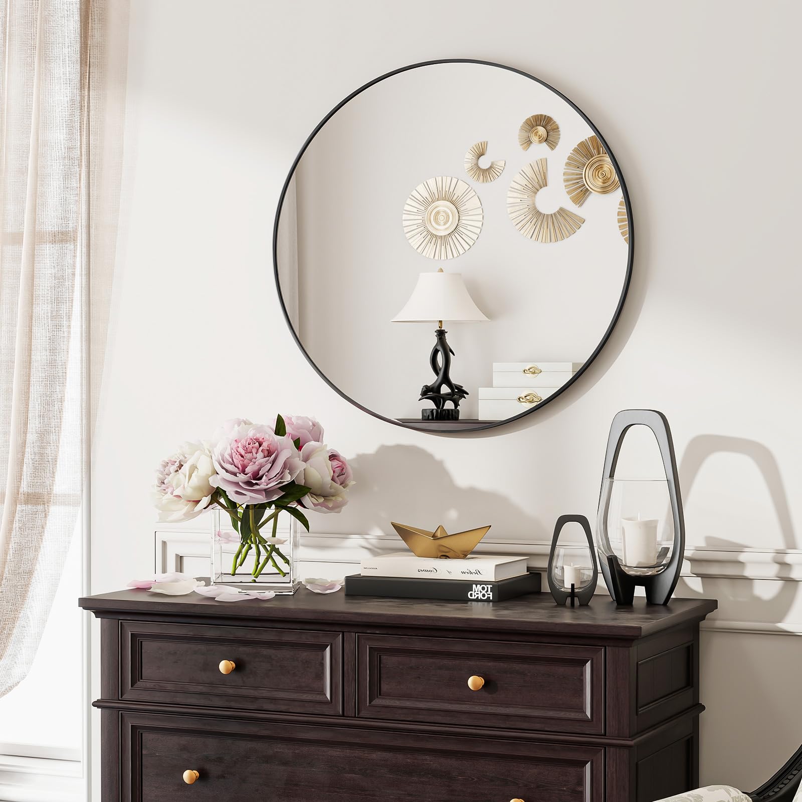 Koonmi 60 cm Black Round Mirror, Circle Wall Mirror with Aluminum Alloy Frame, Classic for Bathroom over the Sink, Modern Hanging on the Hallway Wall, Black