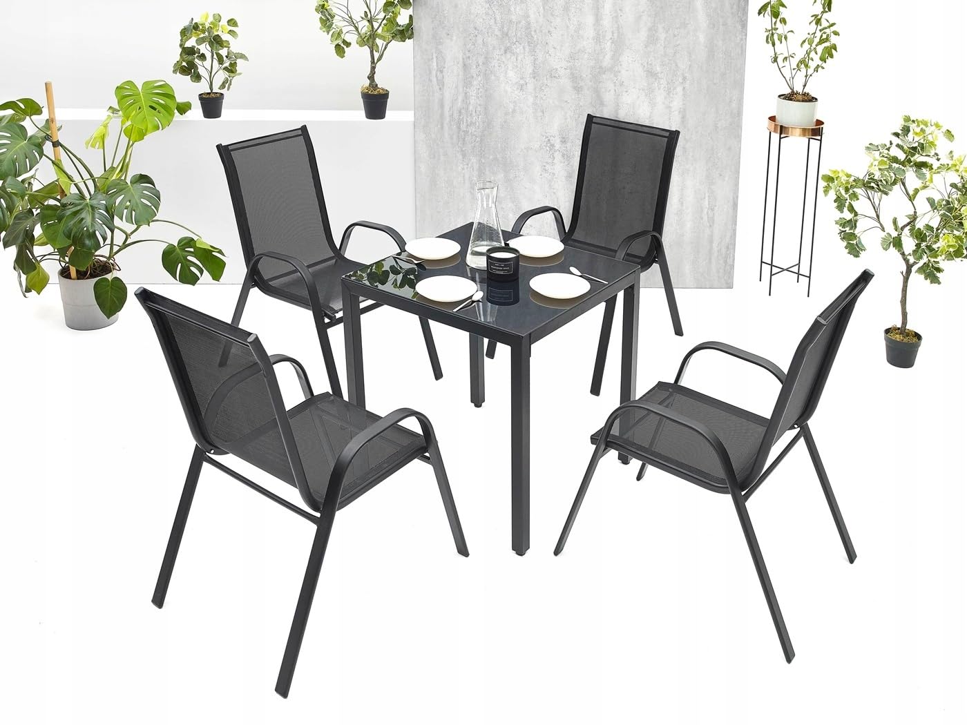 Gartentisch Glastisch Bistrotisch Balkontisch 70x70cm Outdoor Garten Terrasse Schwarz mit schwarzer Glasplatte