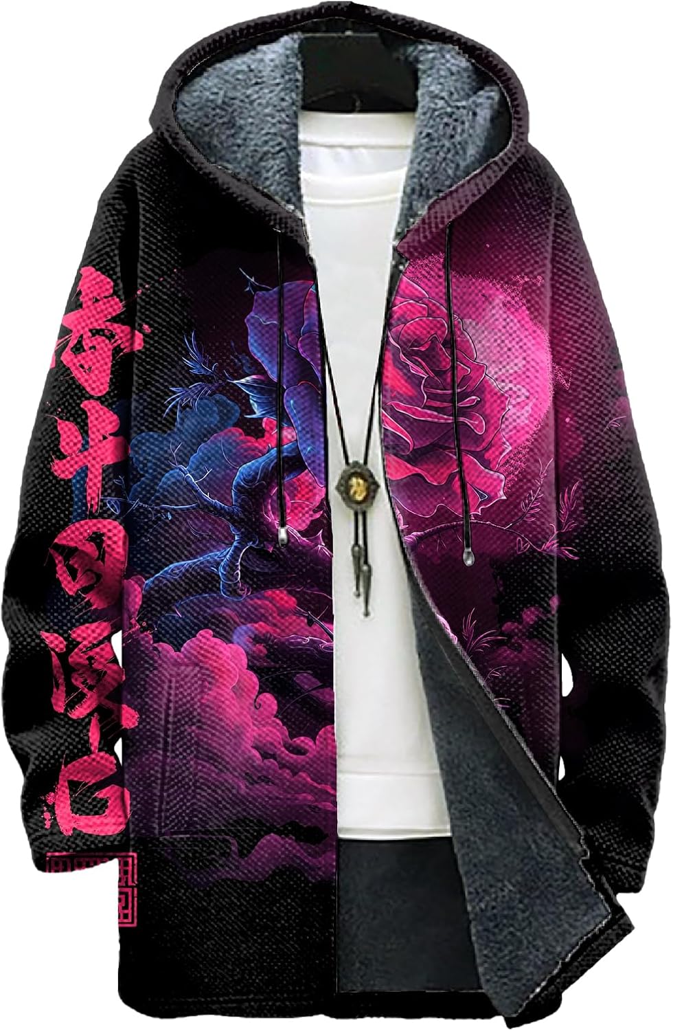 domirica Long Hooded Cardigan Men Japanese Neon Art Graphic Open Front Zip Up Fleece Warm Fall Novelty Lightweight Coat