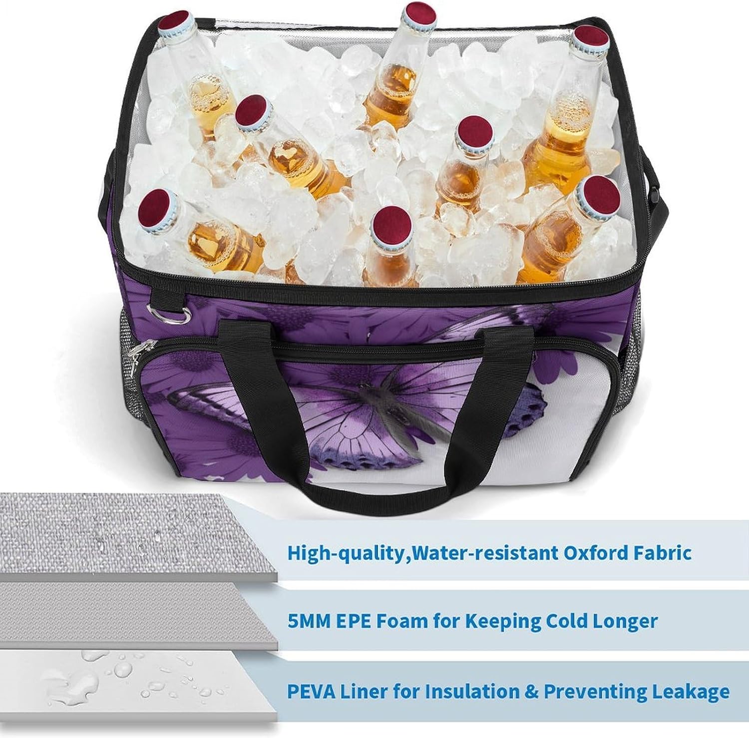 Large Capacity Oxford Cloth Purple Butterfly Printed Camping Ice Bag, Outdoor Portable Insulation and Cooling Bag, Suitable for Outdoor Camping and Picnics