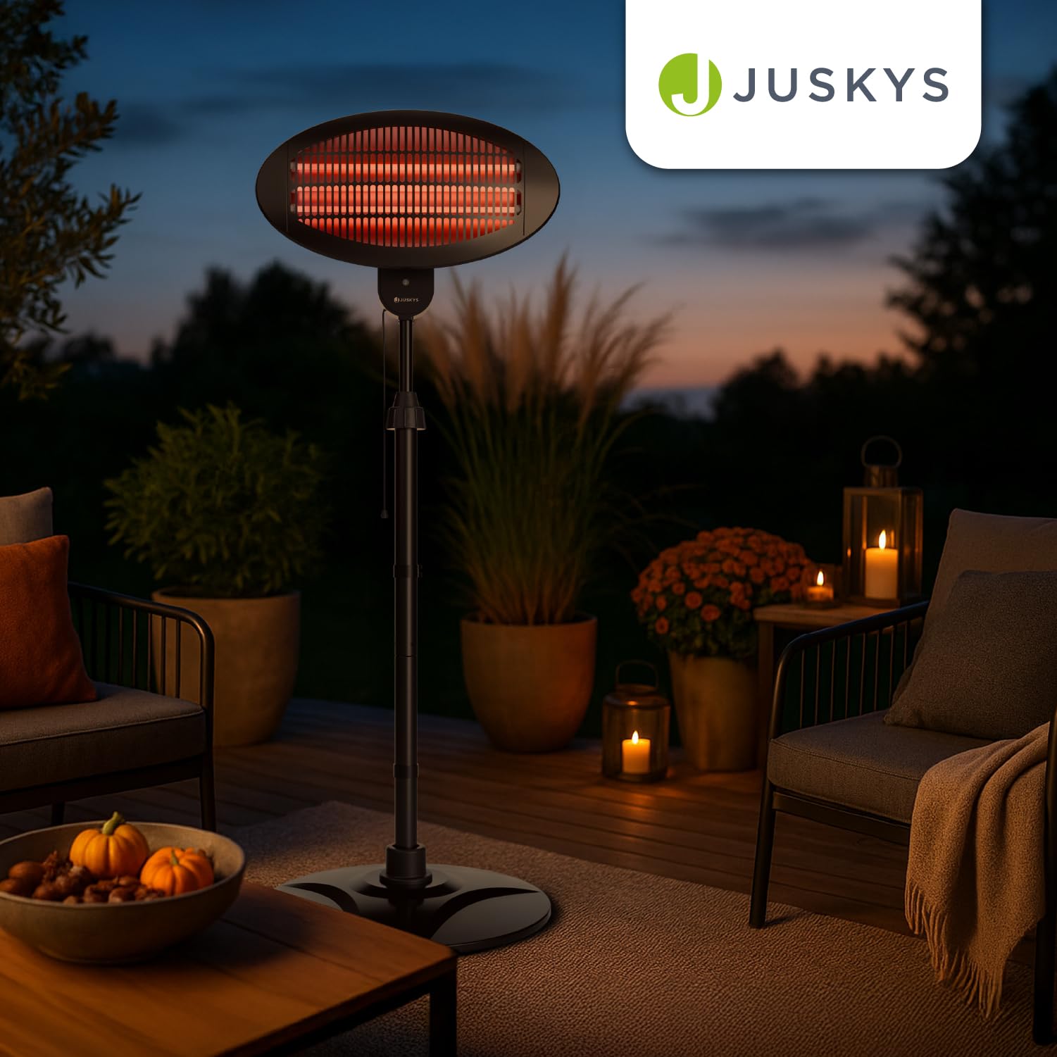 Juskys stufa a infrarossi 2000W – Nero, riscaldatore da esterno con supporto telescopico & 3 potenze per balcone & patio