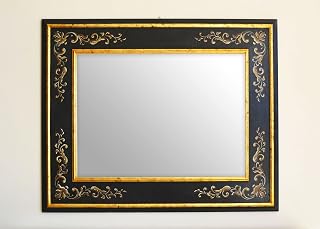Classic Contemporary Wall Mirror. Wooden frame. Gold leaf finish and antique black color with handmade decoration. External Measure cm. 88x108. To hang vertically/horizontally. Made in Italy.