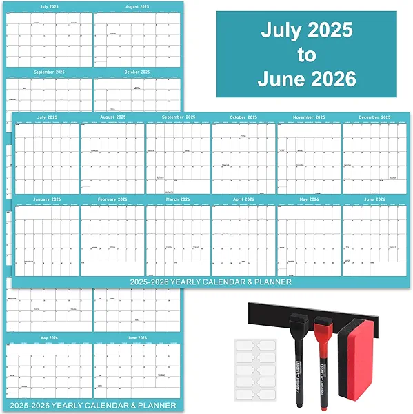 2026 Large Wall Calendar, 17" x 38", Wet/Dry Erasable Laminated Calendar, July 2025 - June 2026, Wall Calendar 2025-2026, Reversible, Double-Sided, Landscape or Portrait Orientation, Suitable for Homeschool and Office Use (No Creases)