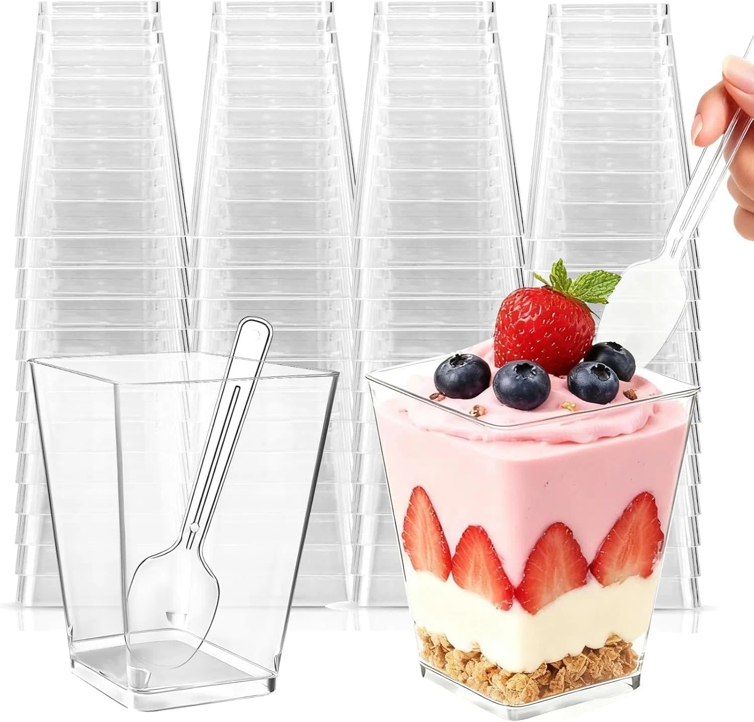 Hsxfl 30 vasos de postre de plástico, 150 ml, vasos de postre de plástico con cucharas, cuencos de postre transparentes, reutilizables, tazas de postre cuadradas para el hogar, postres, pudin