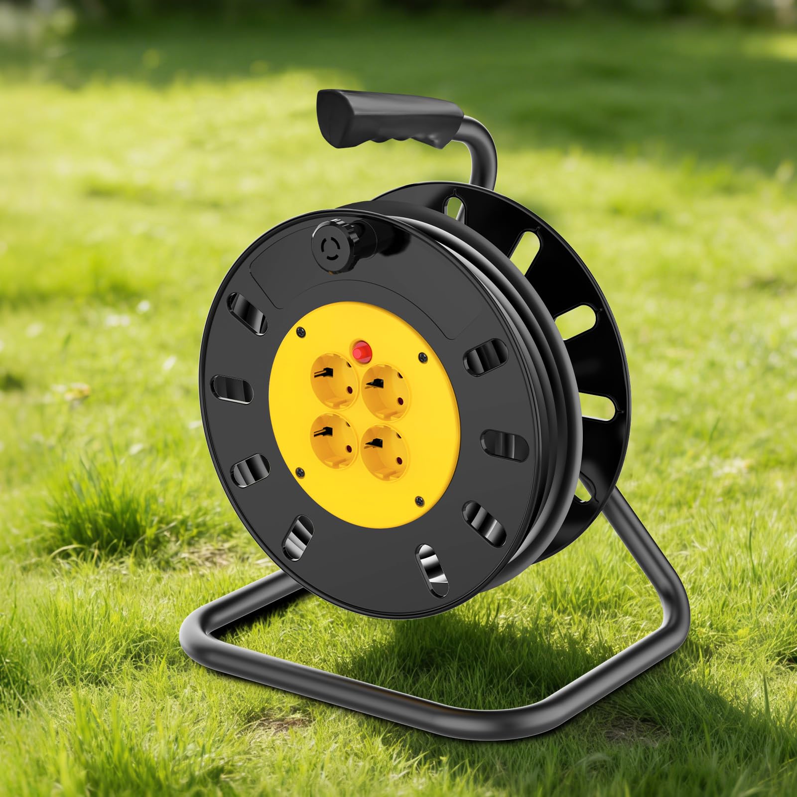 Rallonge de 25 m, 4 prises, avec support, prise européenne fondue, rouleau de câble ouvert avec découpe thermique, bobine d'extension longue pour jardin, bricolage et atelier