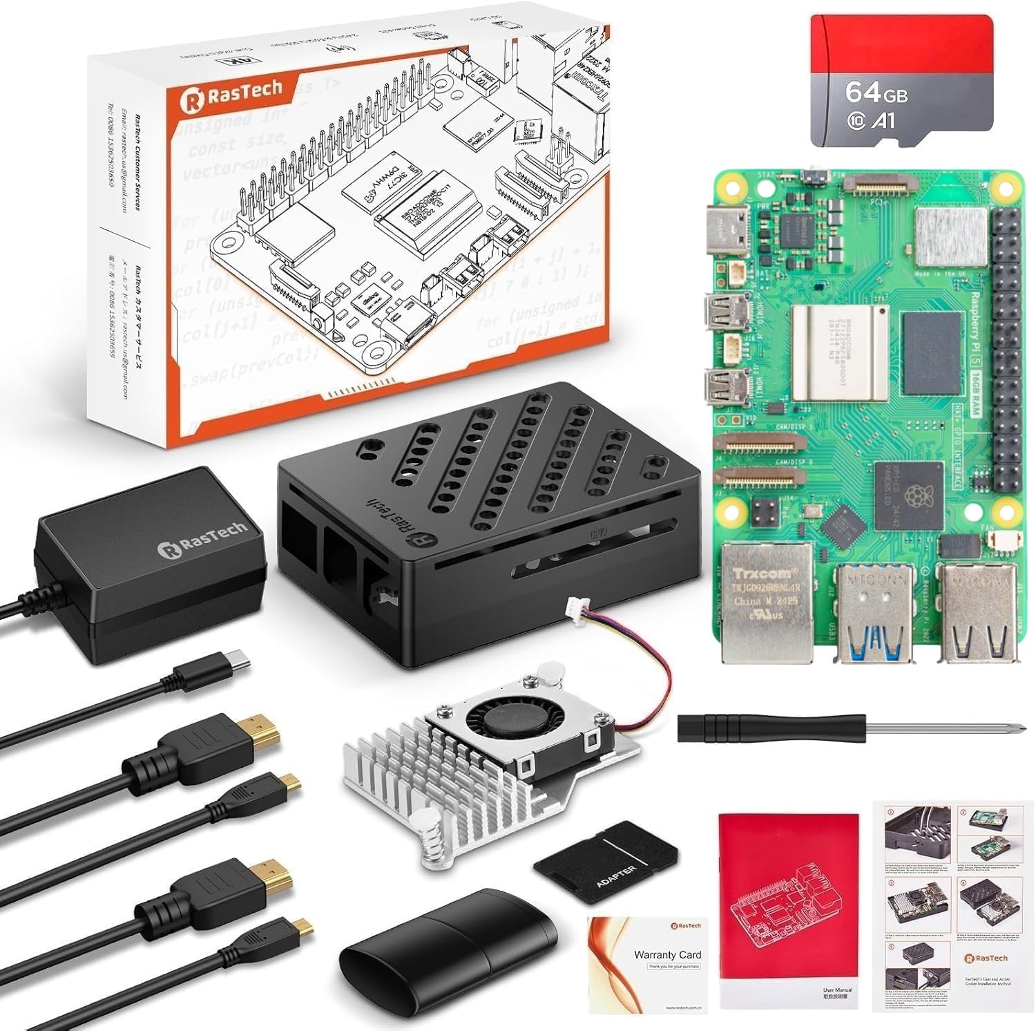 RasTech Raspberry Pi 5 16GB Kit 64GB Edition with Active Cooler,GaN 27W 5.1V5A USB-C Power Supply,Pi5 16GB Board,64GB Card Readers Kit, Case for Pi 5,Dual 4K Micro HD Out Cables and User Manual