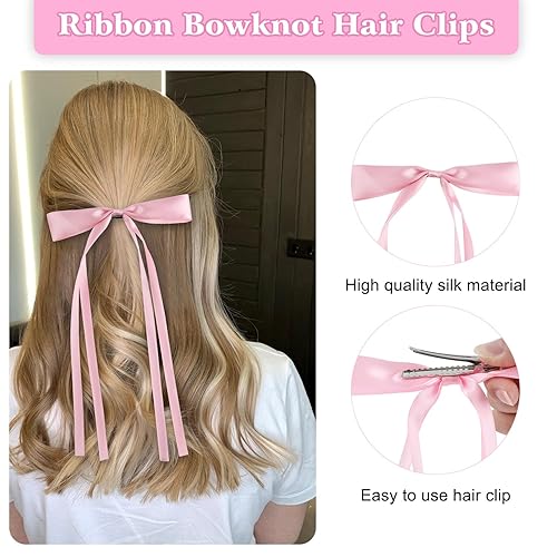 Miniatura 4 de 8 pinzas de lazo para el pelo para mujeres, niñas, cinta de borla, pinzas para el pelo con cola larga, pasadores de borla de satén sedoso con cola