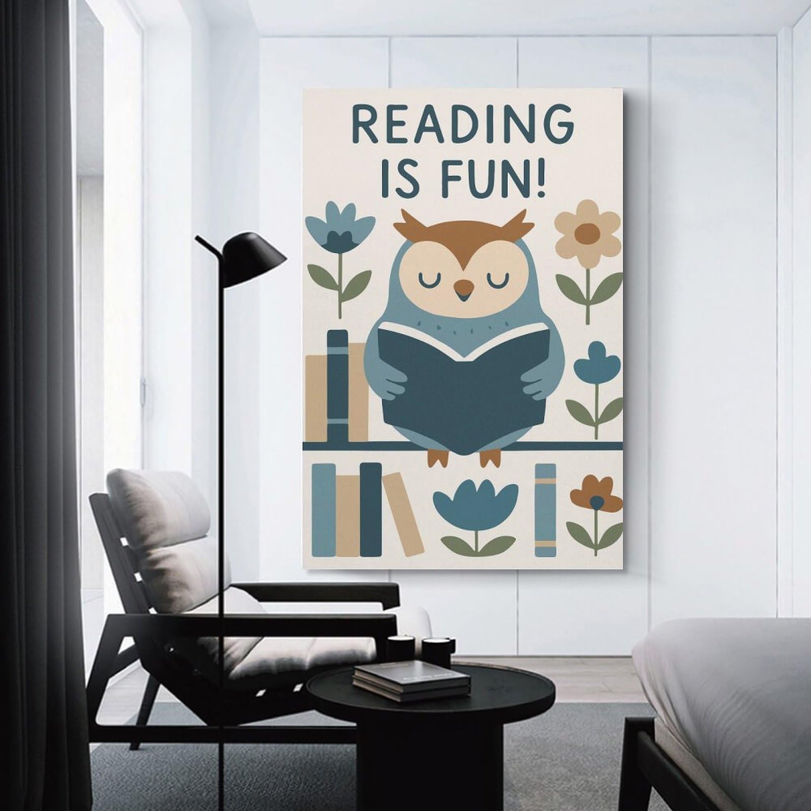 Junmoney Reading Is Fun Owl Illustration Canvas Wall Art, 12x18inch(30x45cm), for Bedroom, Guest Room Or Reading Nook, Decorative Wall Art for Cosy Rooms