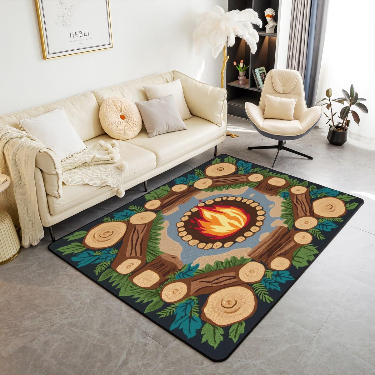Erosebridal Retro Campfire Area Rug 4'11" X 3'3" Happy Camping Living Room Rugs Cartoon Tree Stump Non Slip Decorative Carpet for Kids Woodland